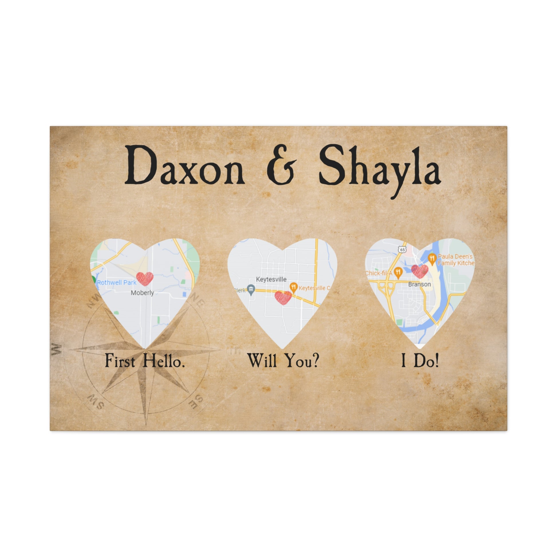 Customizable wedding canvas with heart-shaped maps for important milestones.
