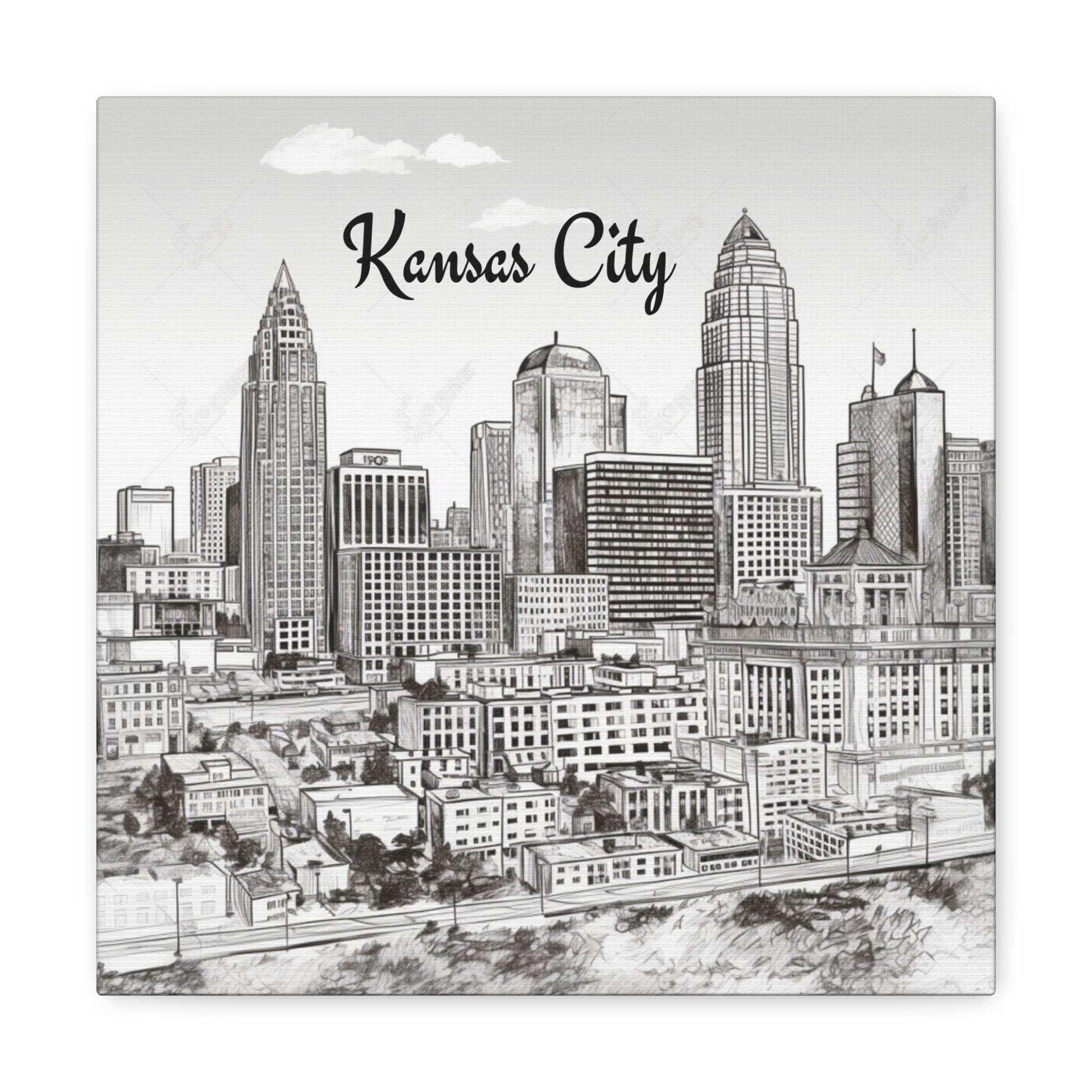 Vibrant illustration of Kansas City's iconic skyline on premium canvas.