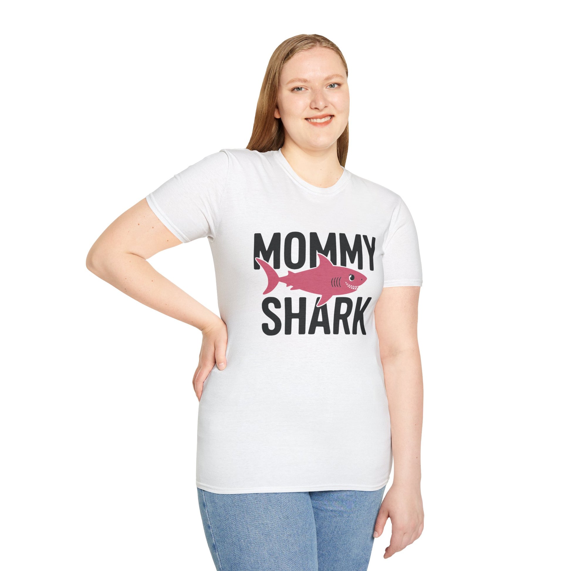 Person wearing a white t-shirt with 'Mommy Shark' graphic on a white background
