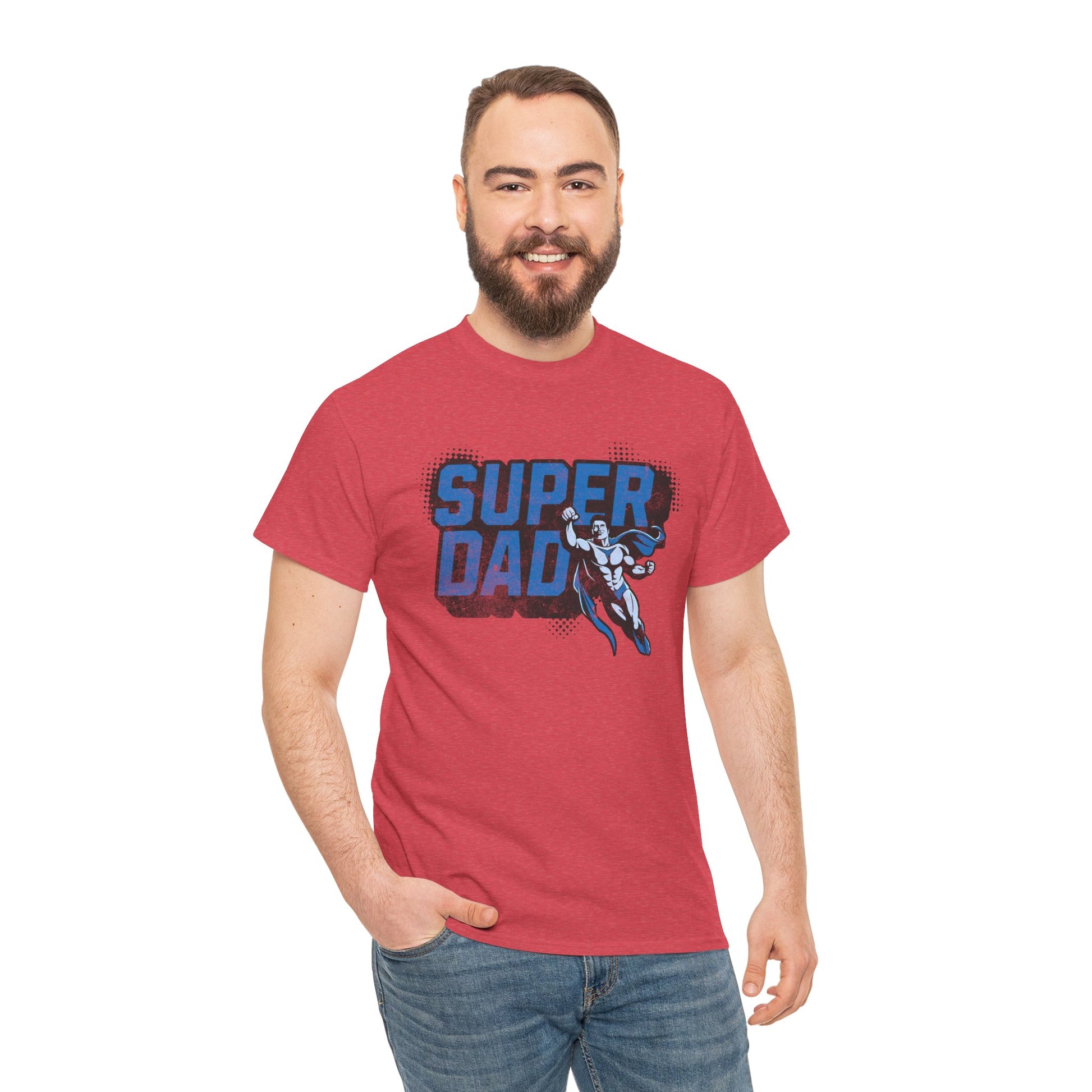 Man wearing a red 'Super Dad' t-shirt with a superhero graphic on a white background