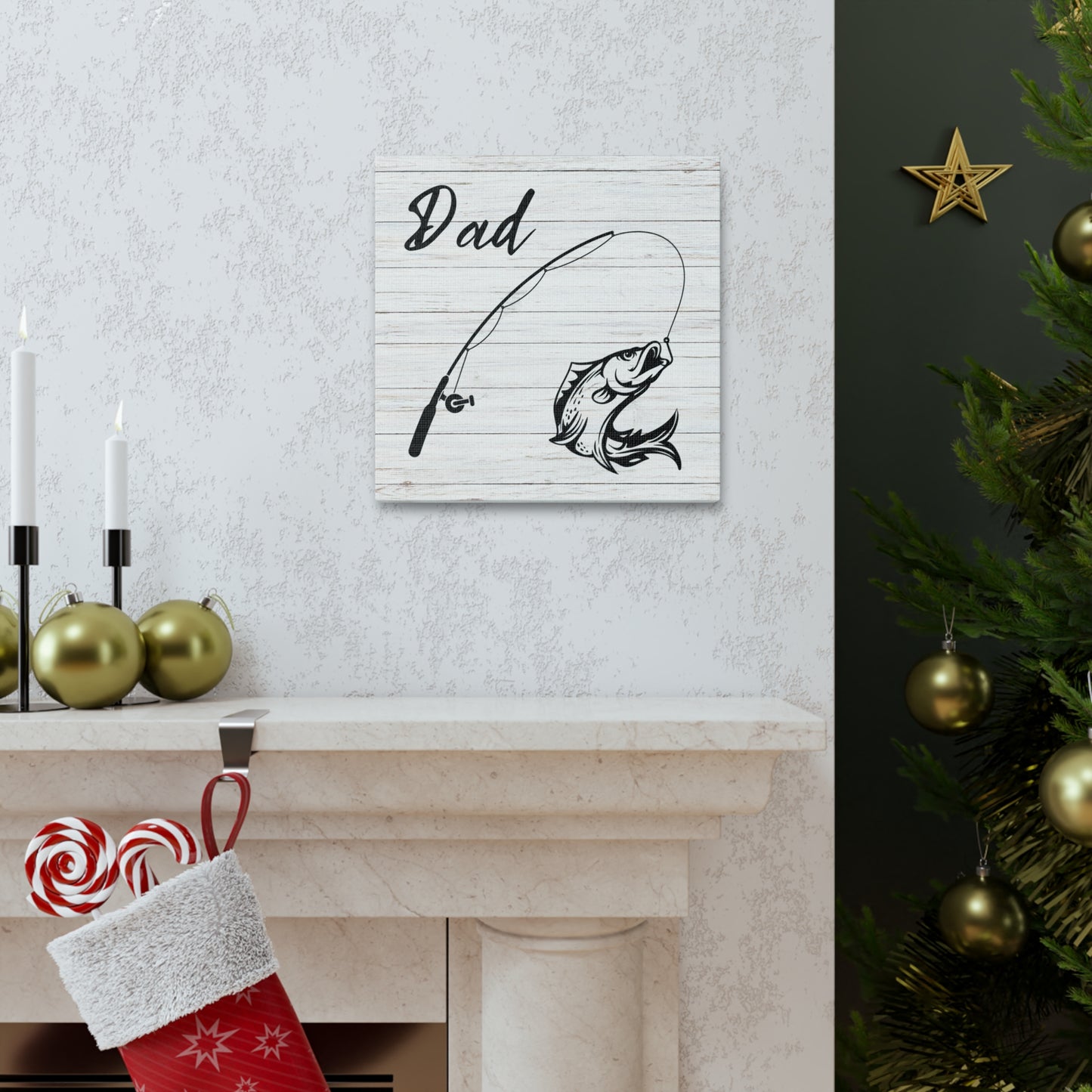 Dad wall art featuring fishing rod and hooked fish design
