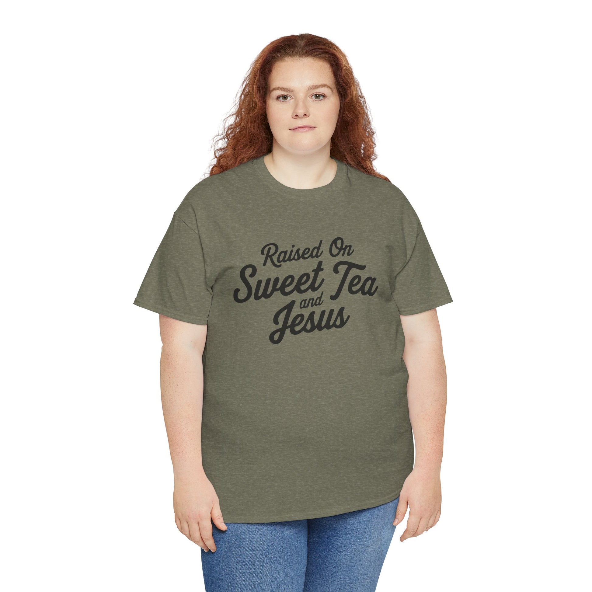 Southern lifestyle tee with Raised on Sweet Tea and Jesus text