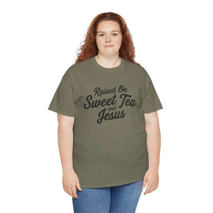 Southern lifestyle tee with Raised on Sweet Tea and Jesus text