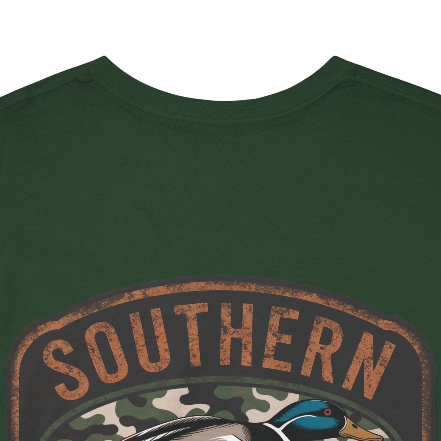 Green t-shirt with 'SOUTHERN' logo featuring a duck on a camouflage background.