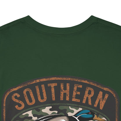 Green t-shirt with 'SOUTHERN' logo featuring a duck on a camouflage background.