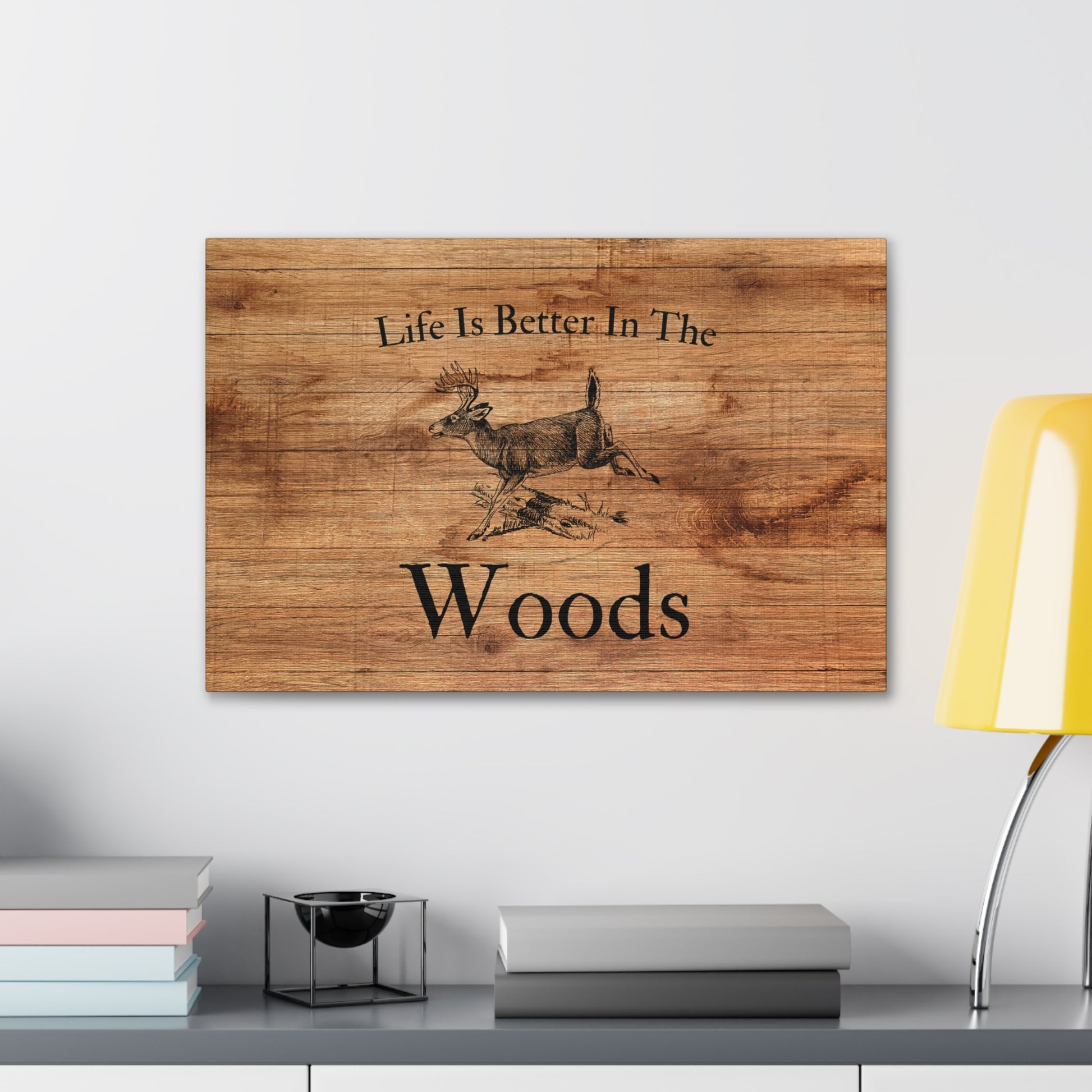 Hunting wall art with rustic wood-look and deer design
