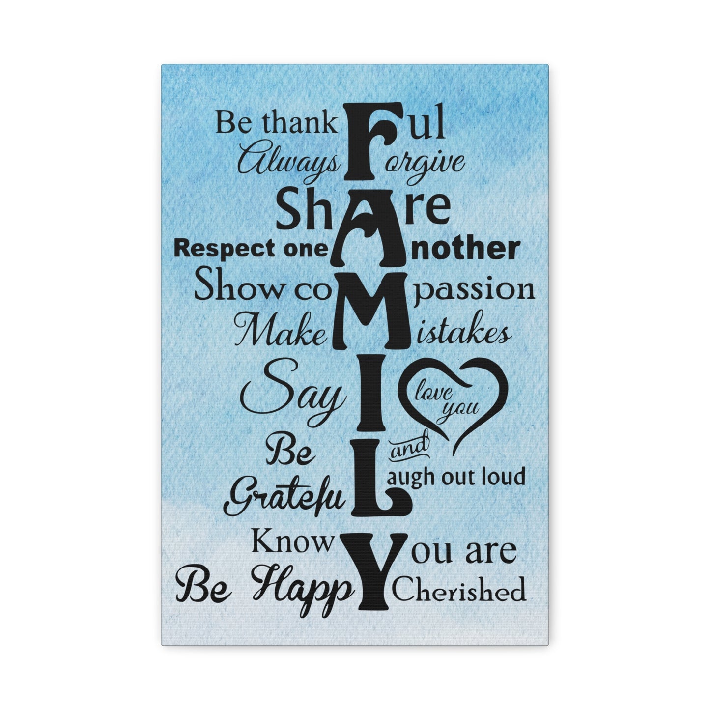 "FAMILY: Core Values" canvas print with light blue sky and clouds background for home decor.
