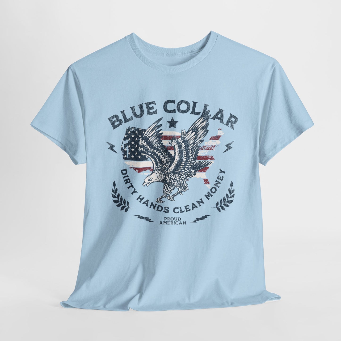 Blue collar t-shirt with eagle and American flag background

