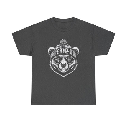 Bear with snowflake sunglasses and "Chill" stocking cap t-shirt
