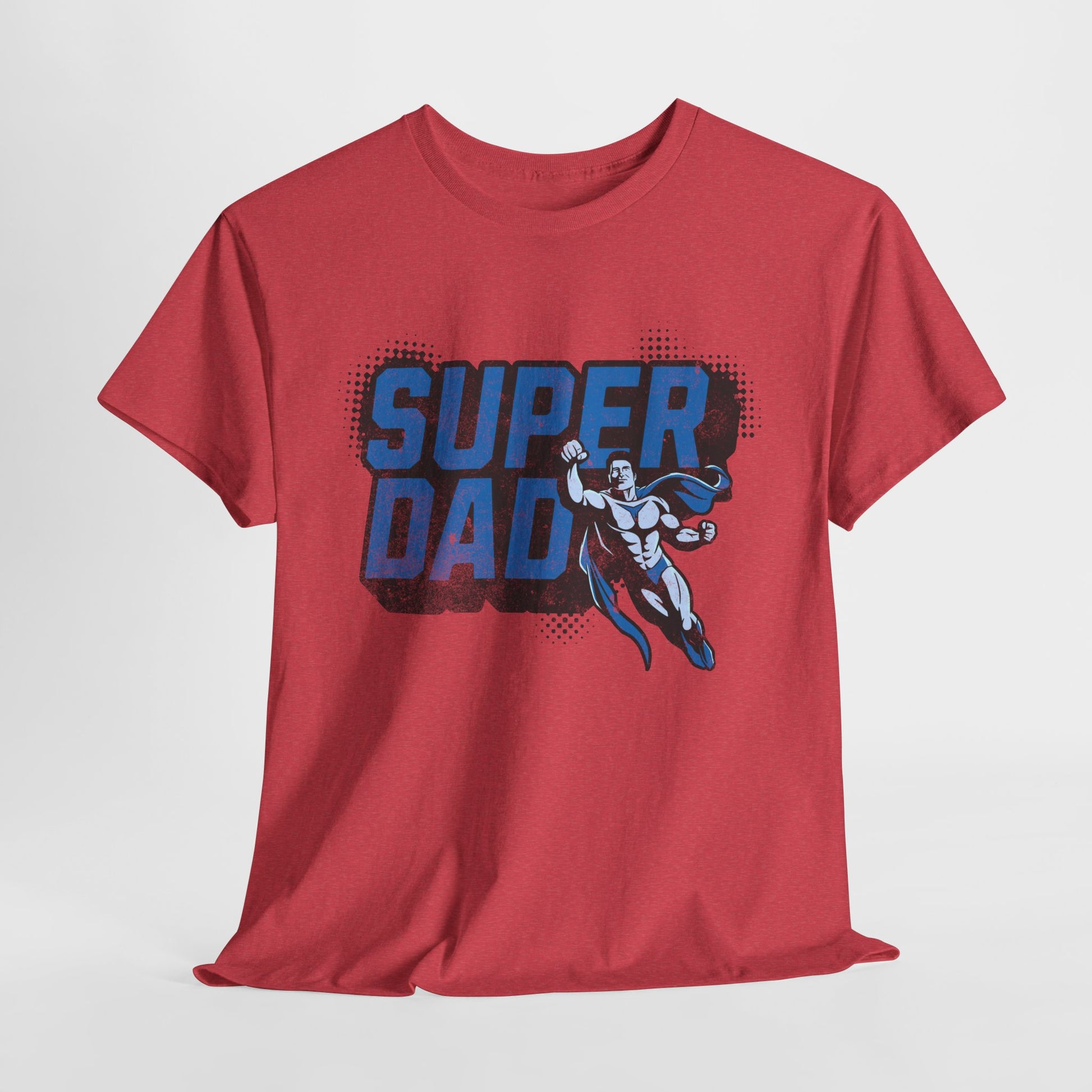 Red t-shirt with 'Super Dad' graphic on a white background