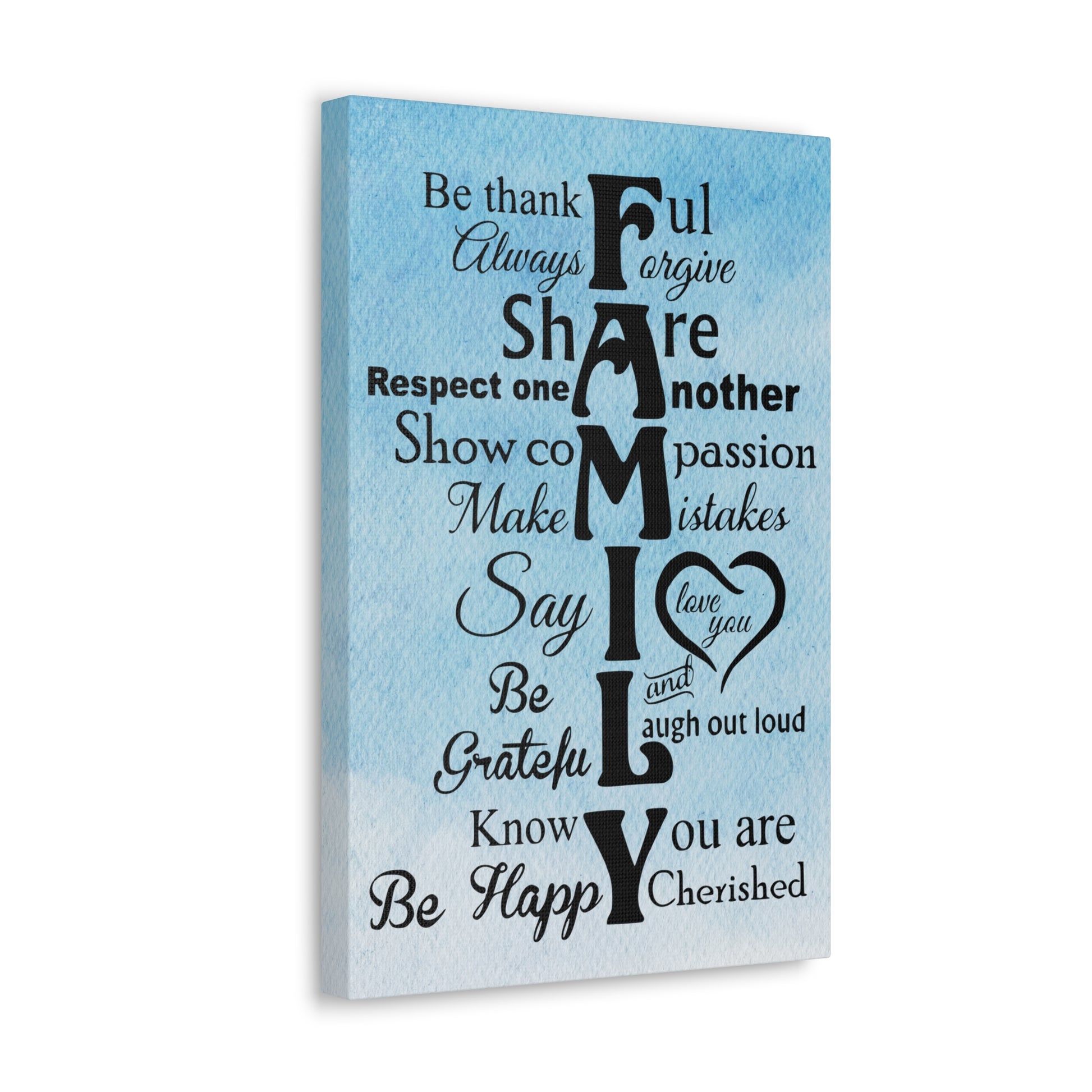 Light blue sky-themed "FAMILY" canvas print emphasizing core family principles.