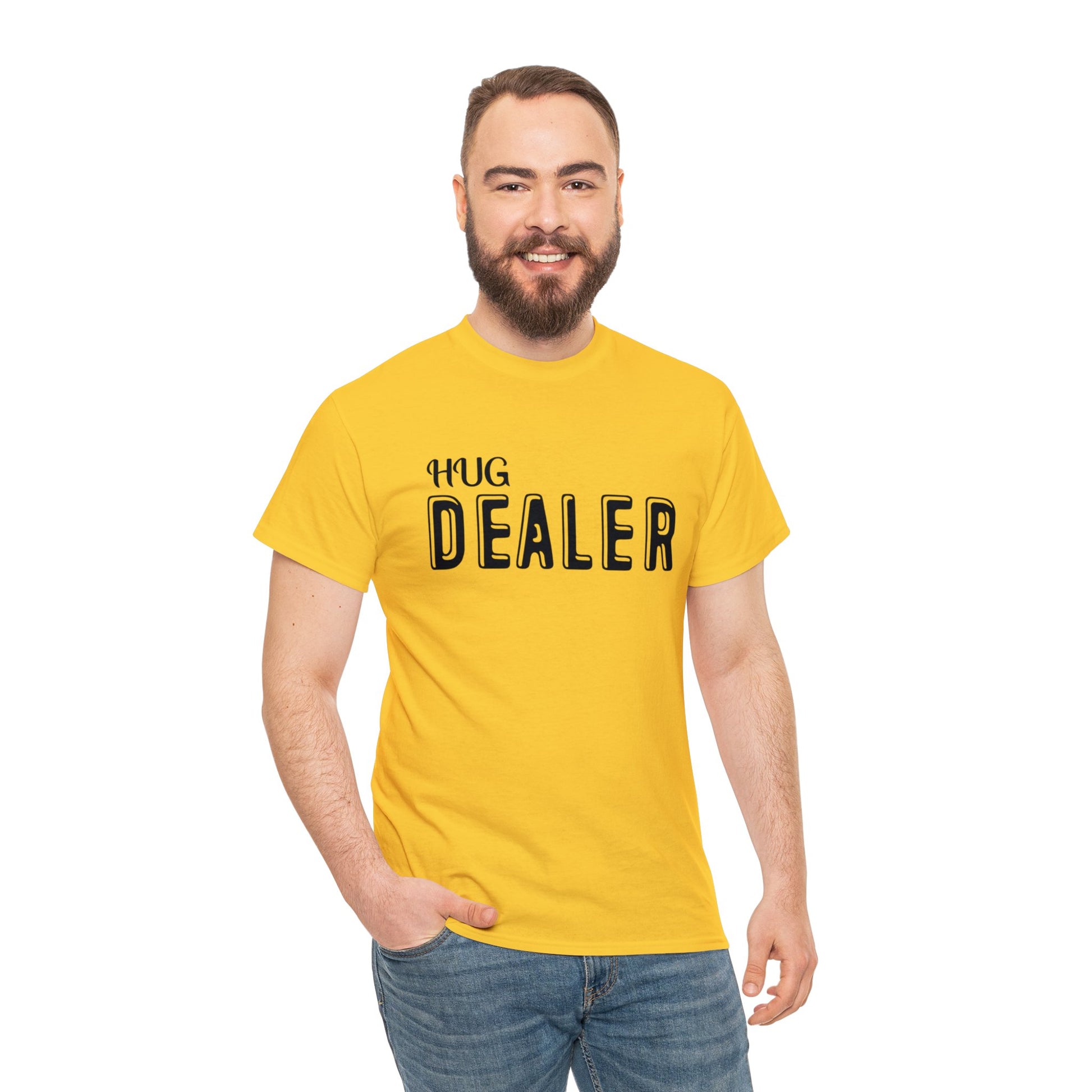 Women’s hug dealer t-shirt styled with jeans and sneakers
