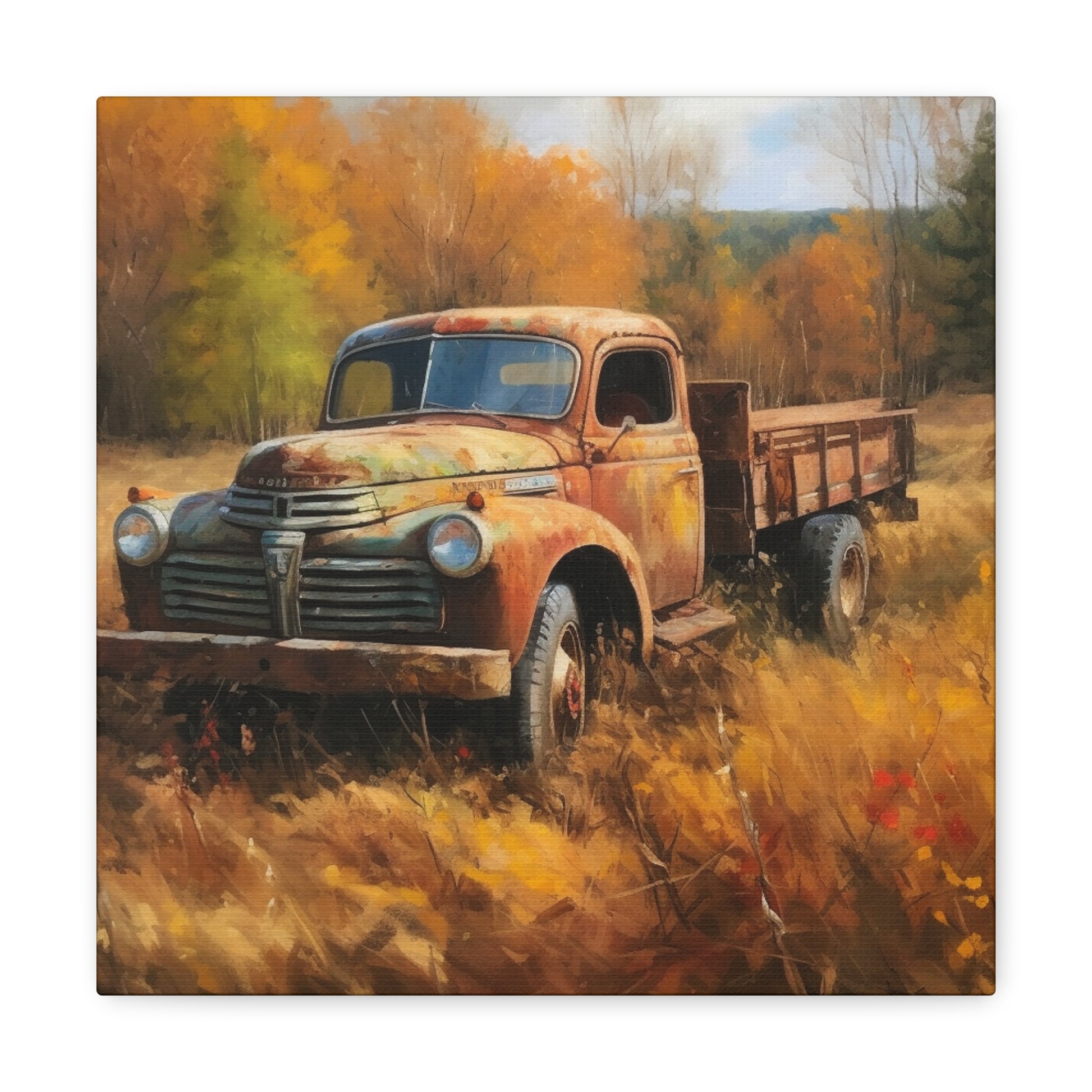 Rural farm truck wall art with autumn colors and trees
