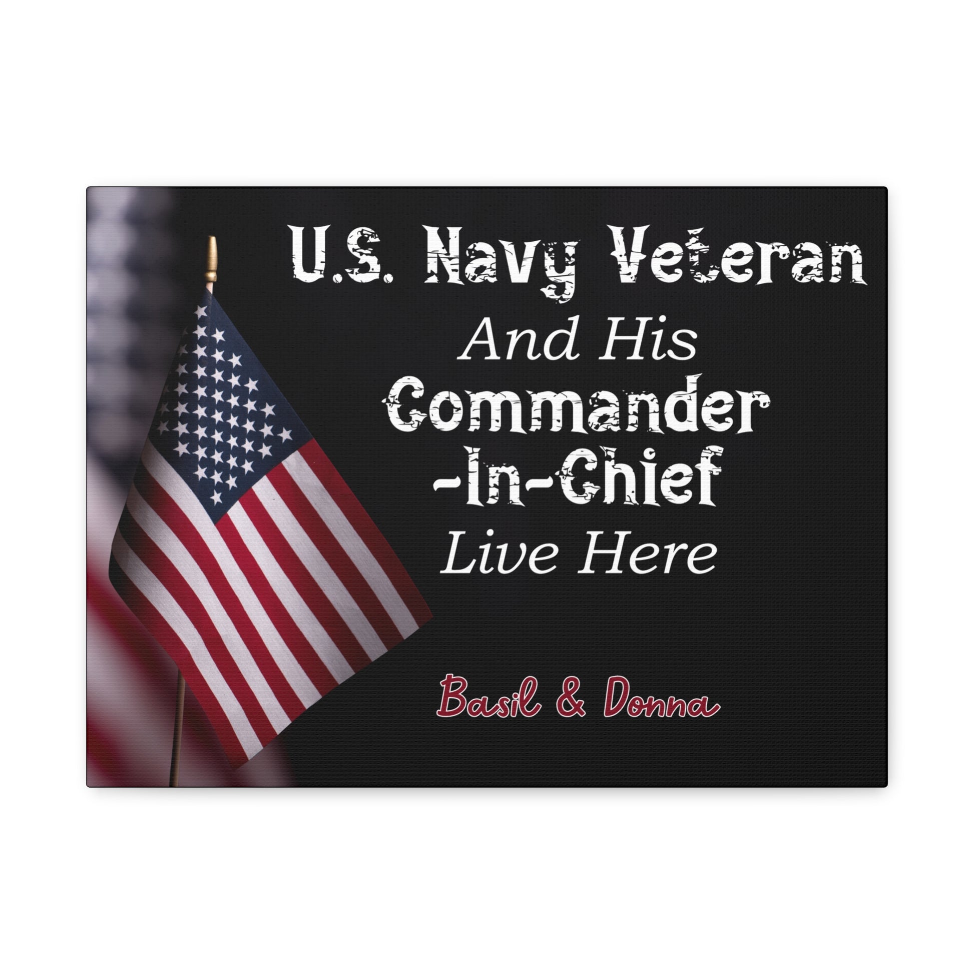 Indoor U.S. Navy sign with white and red text on a black canvas.
