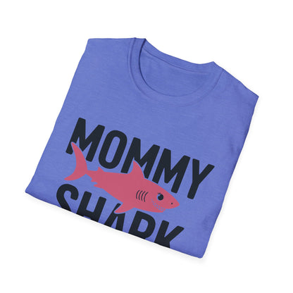 Folded blue t-shirt with 'Mommy Shark' text and pink shark graphic on a white background