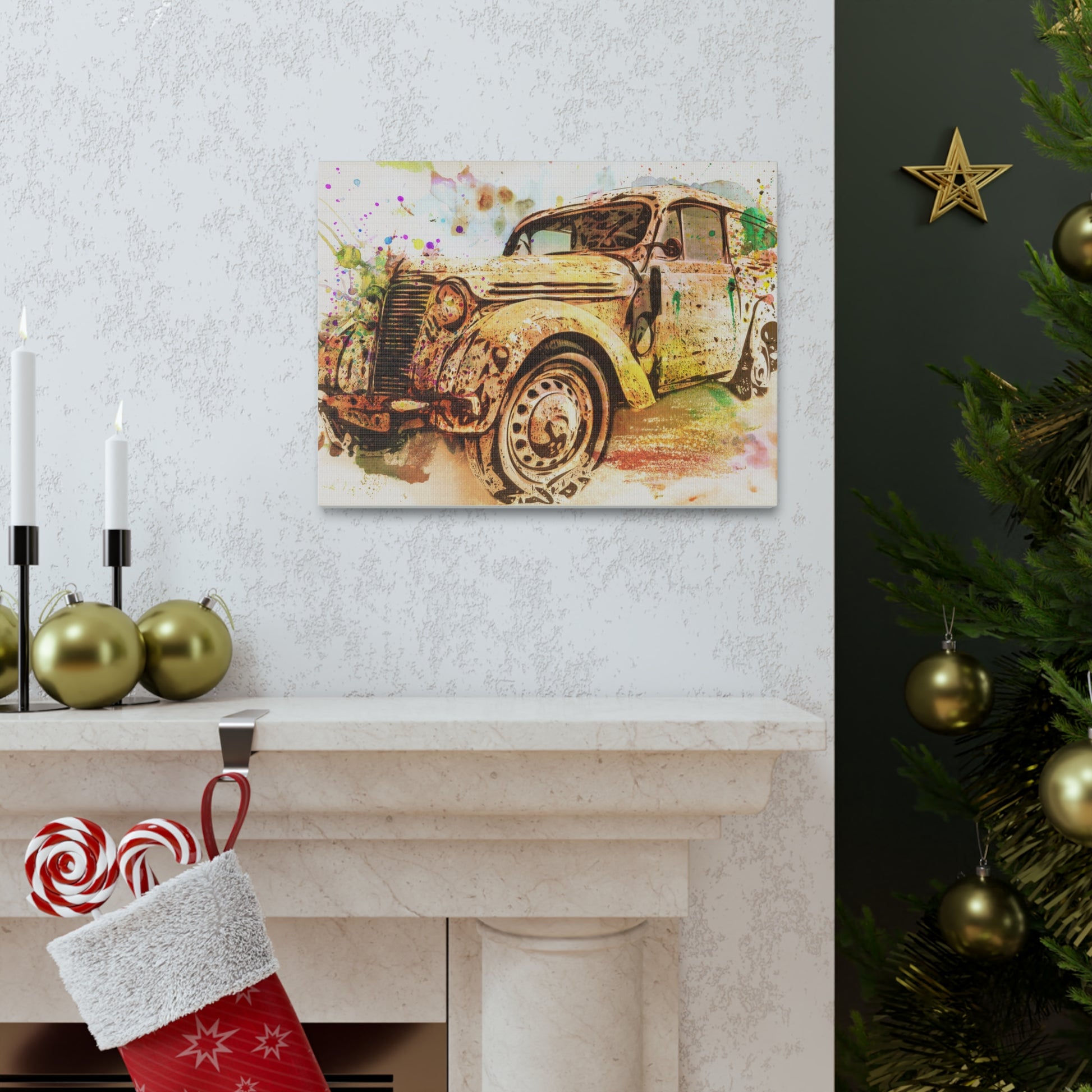 Antique car artwork on canvas with colorful artistic touches

