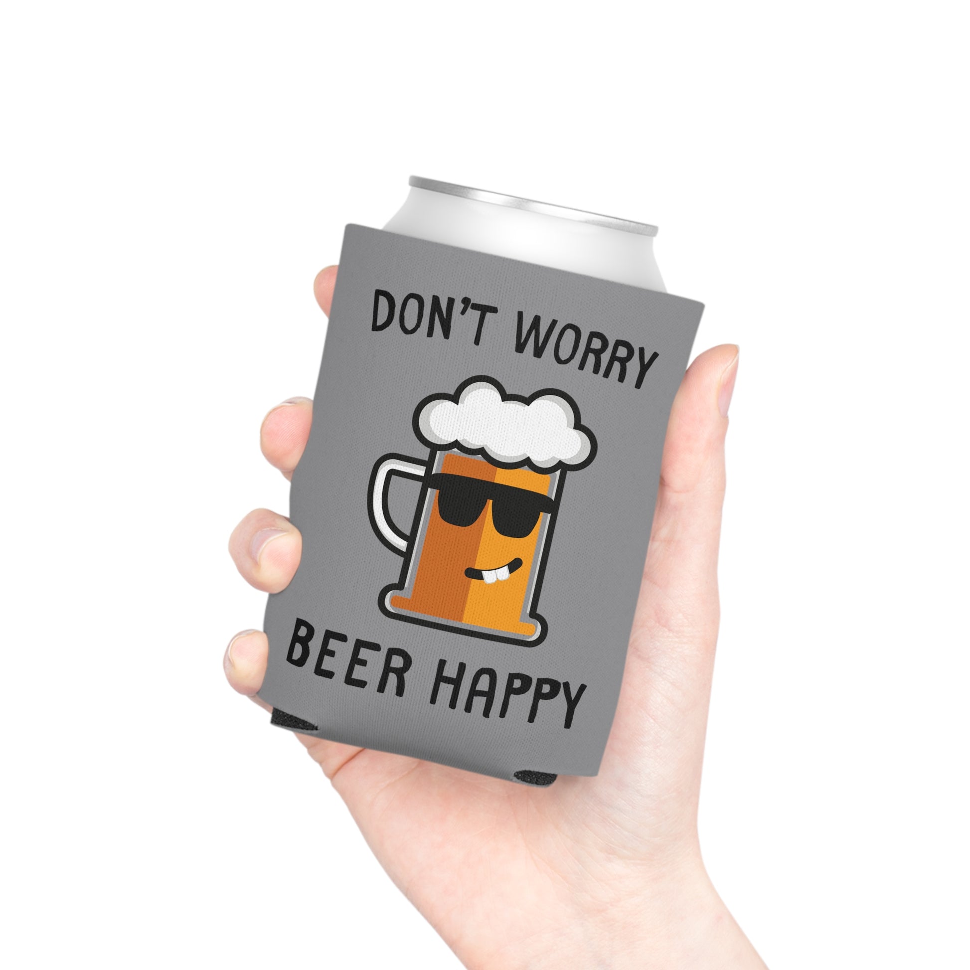 White and black beer can sleeve cooler for keeping drinks cold.

