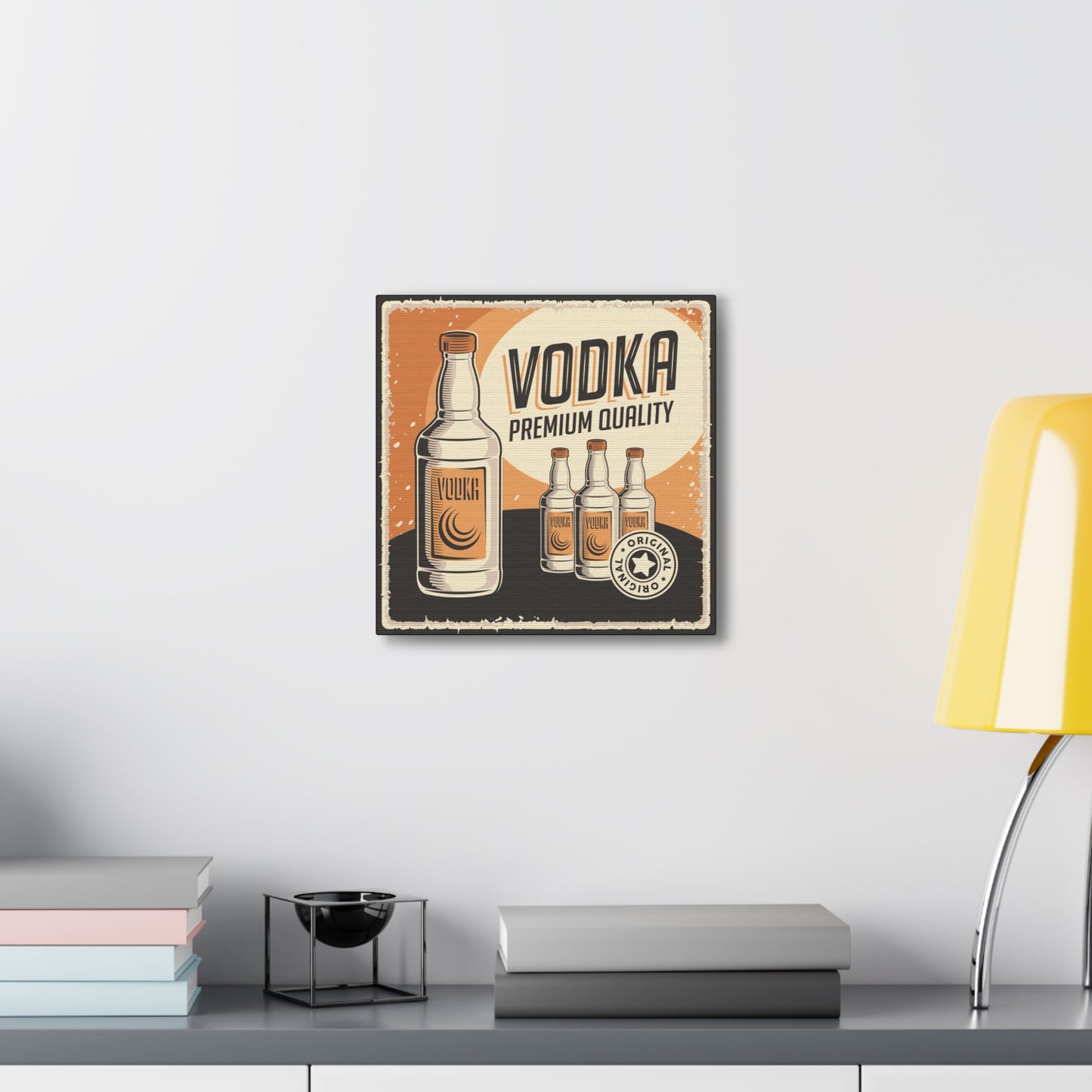 Liquor-themed wall art with vintage vodka bottles
