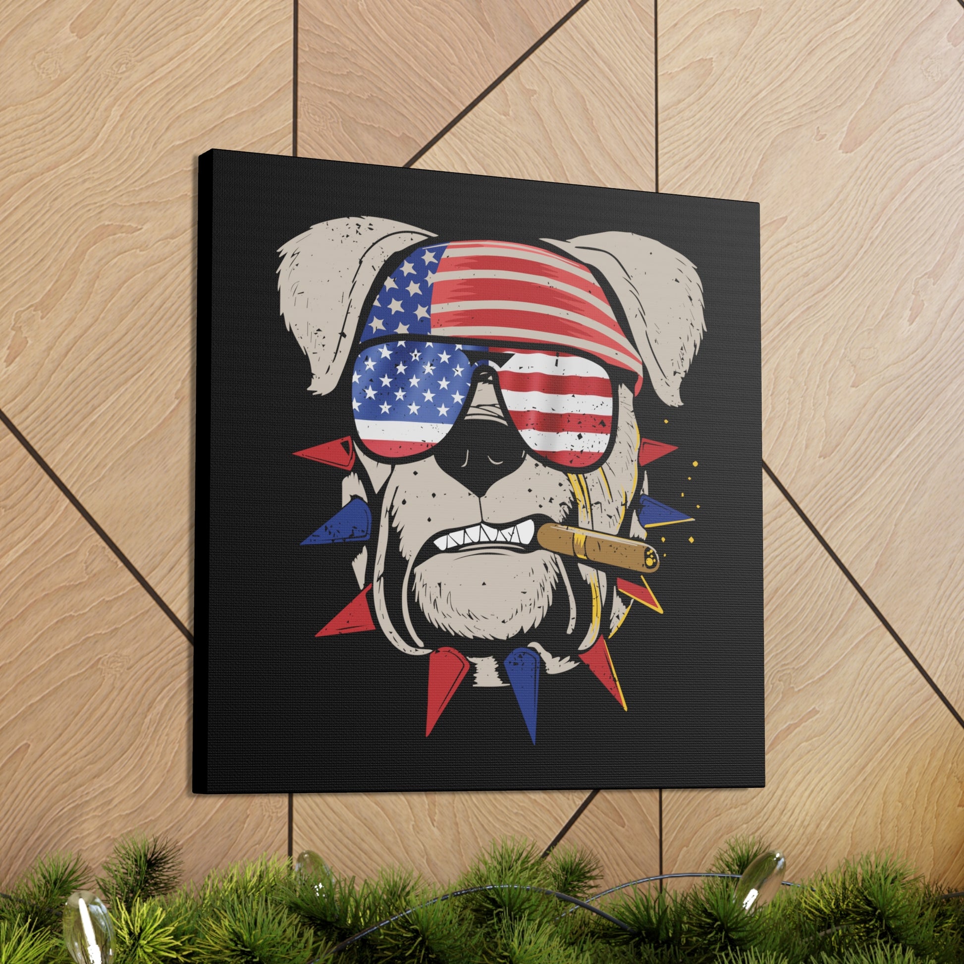 English Bulldog canvas art with bold American theme.
