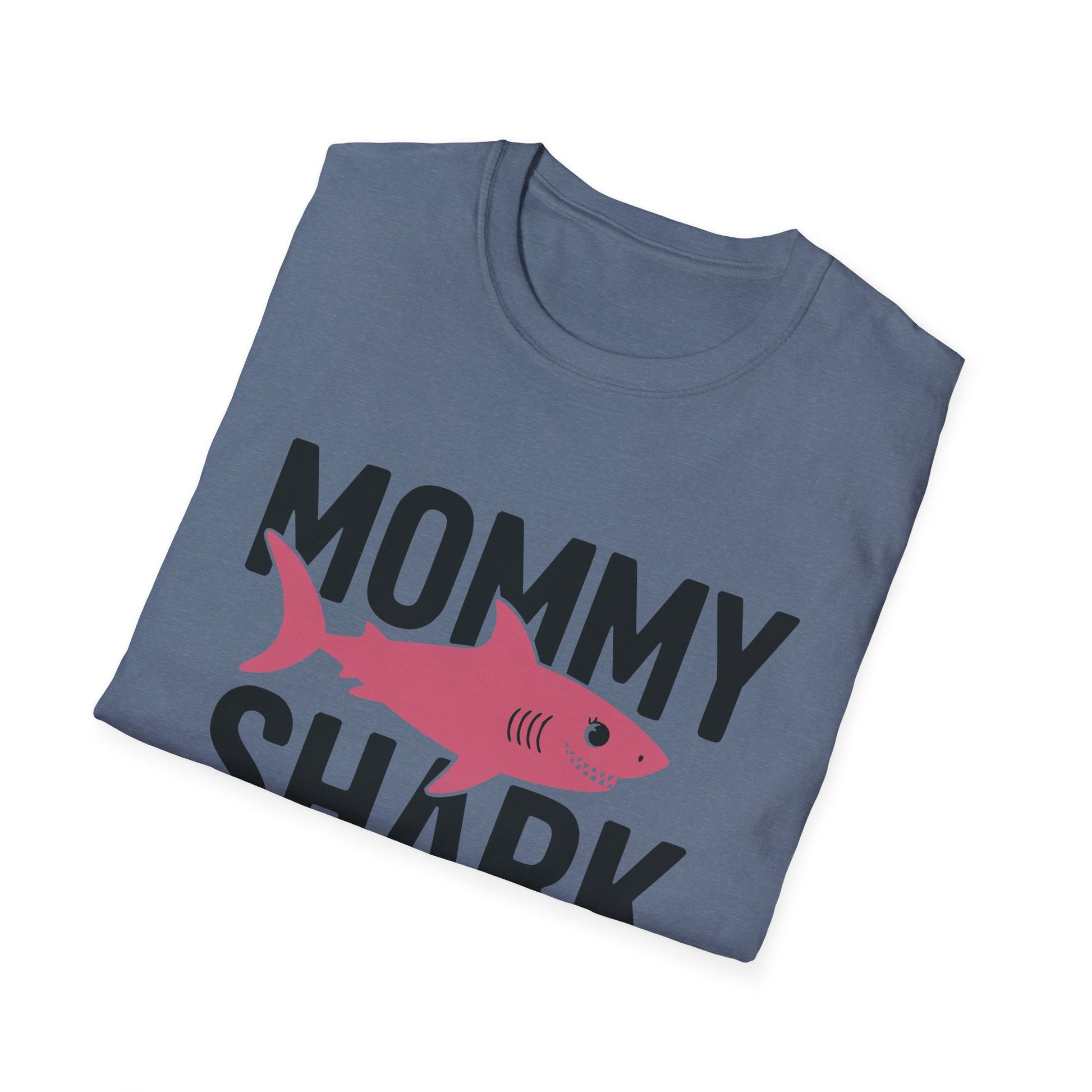 Folded blue t-shirt with 'Mommy Shark' text and pink shark graphic on a white background