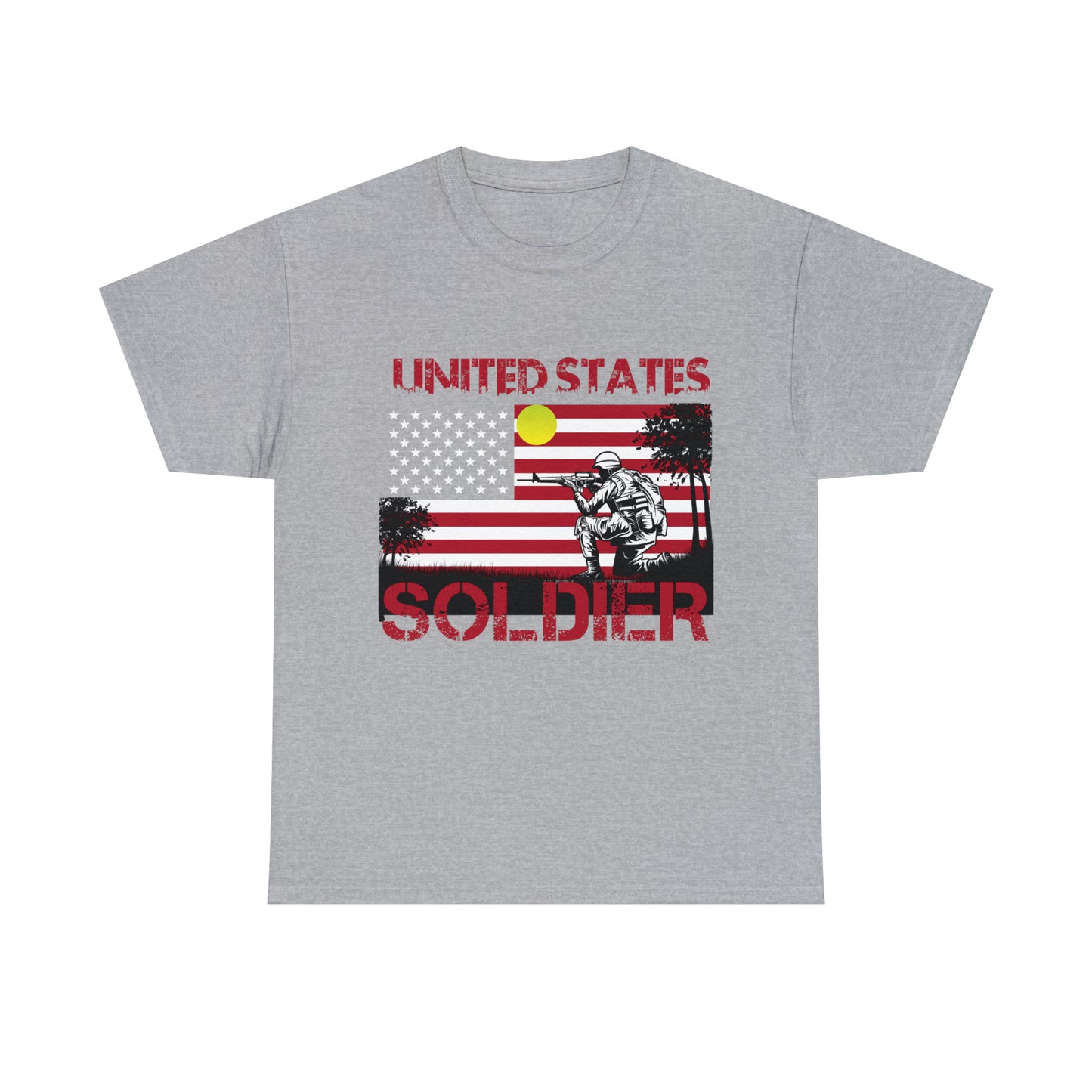 Bold American flag and soldier graphic t-shirt for combat veterans.
