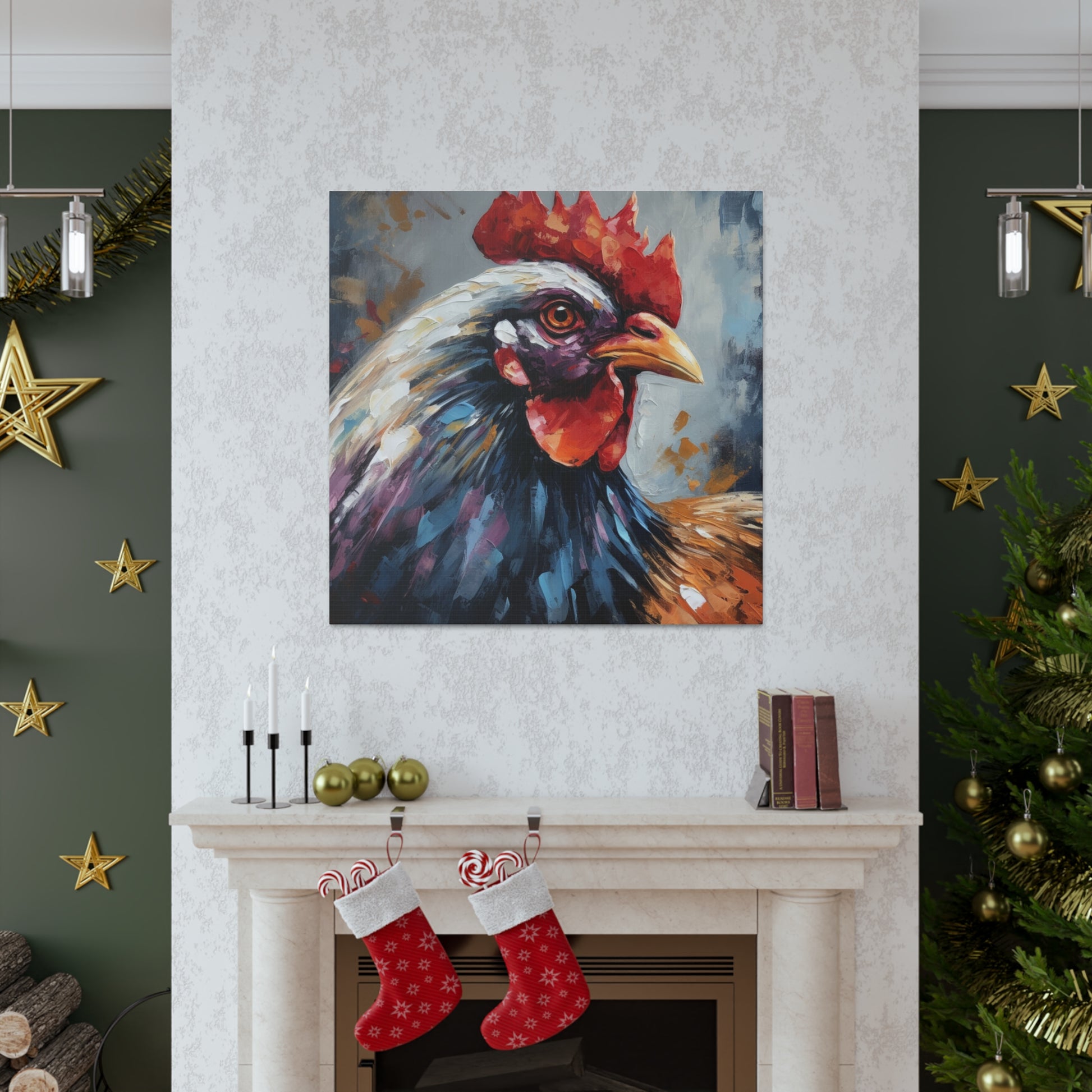 Rustic chicken canvas art displayed in a cozy kitchen
