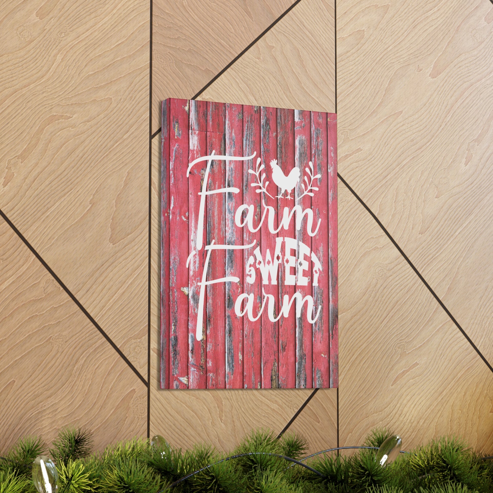 Rustic farm-themed wall art with red and white color scheme
