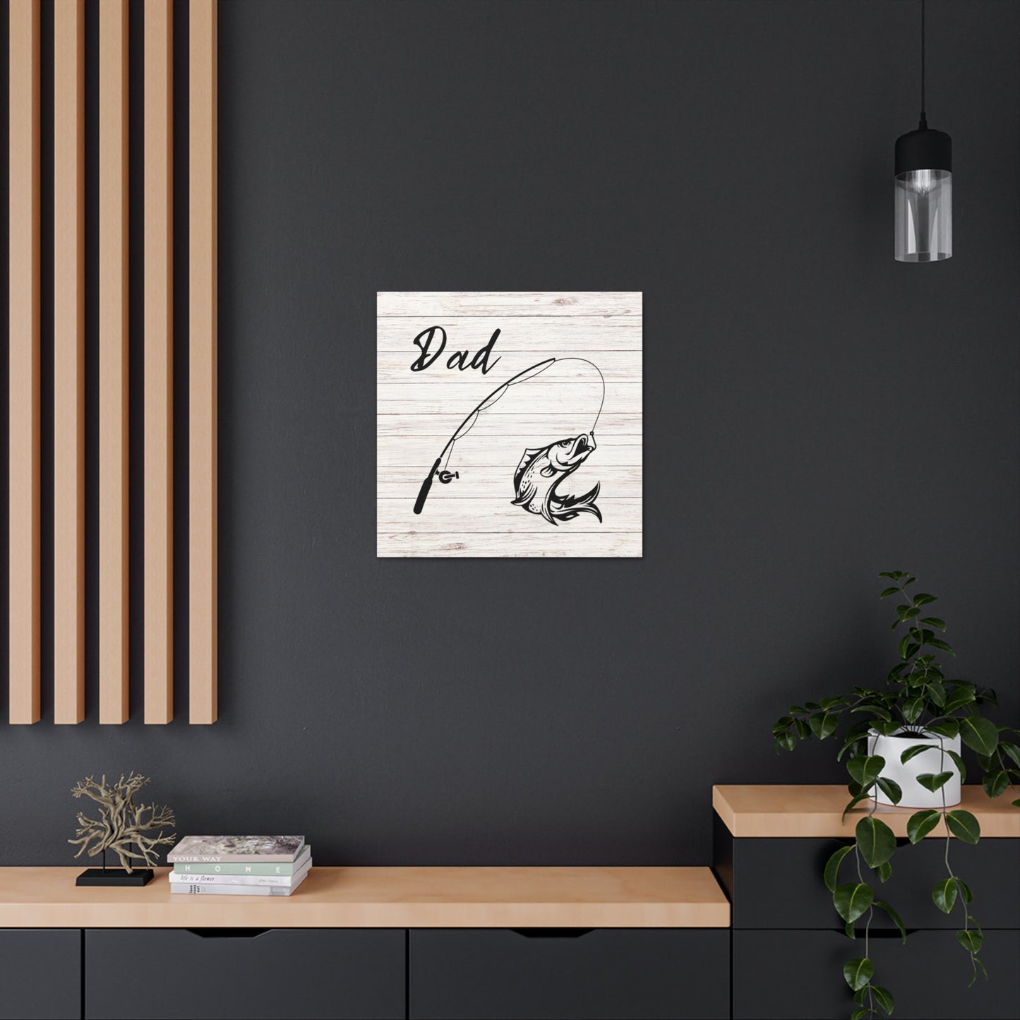 Dad wall art with fishing reel, rod, and caught fish illustration
