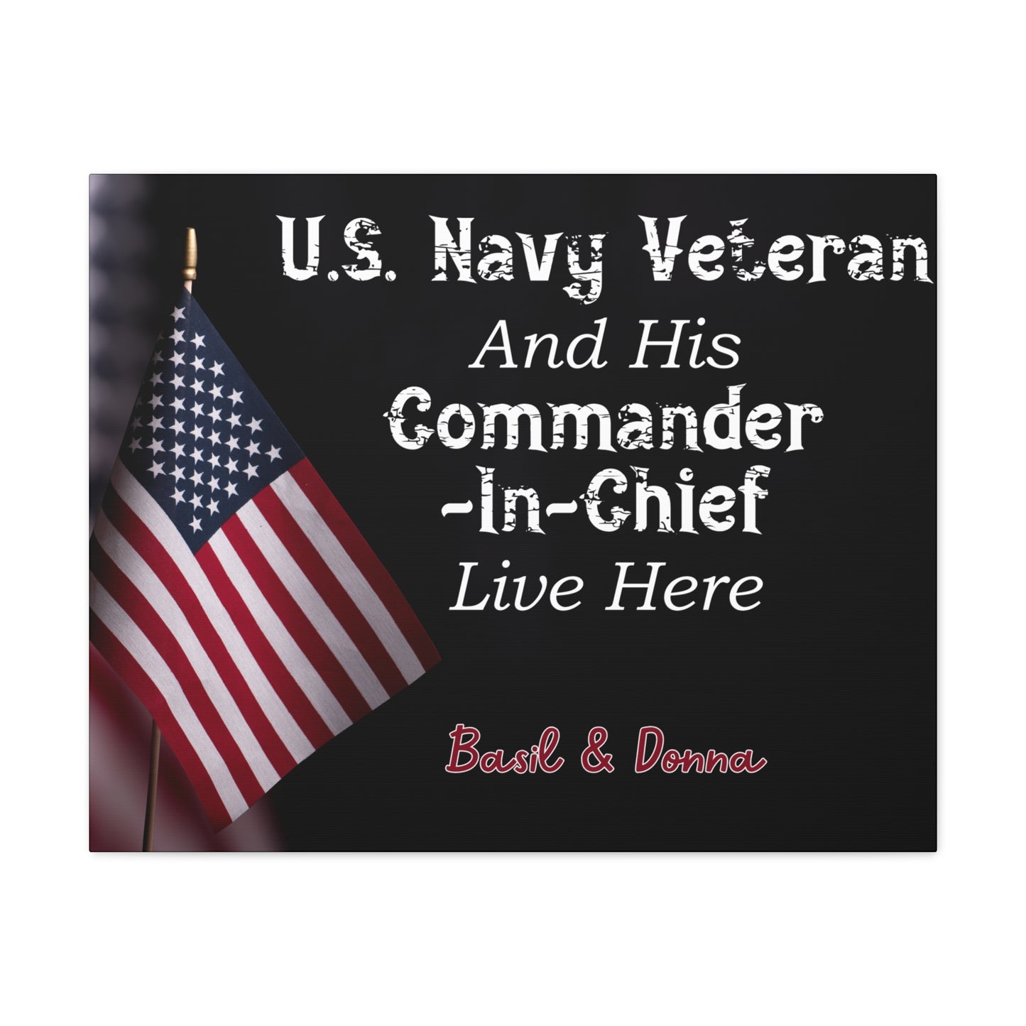U.S. Navy veteran and spouse wall decor with vibrant American flag design.
