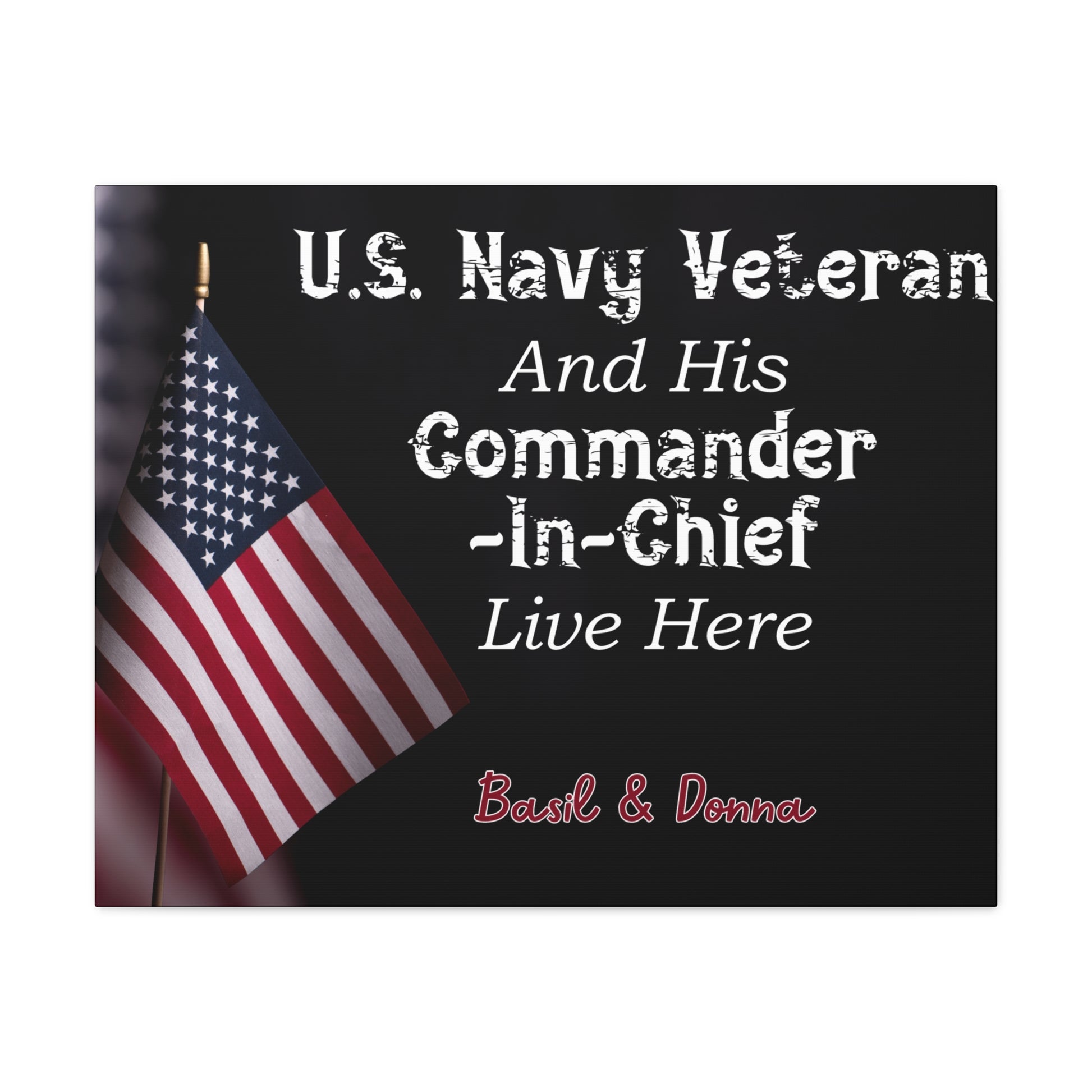 U.S. Navy veteran and spouse wall decor with vibrant American flag design.

