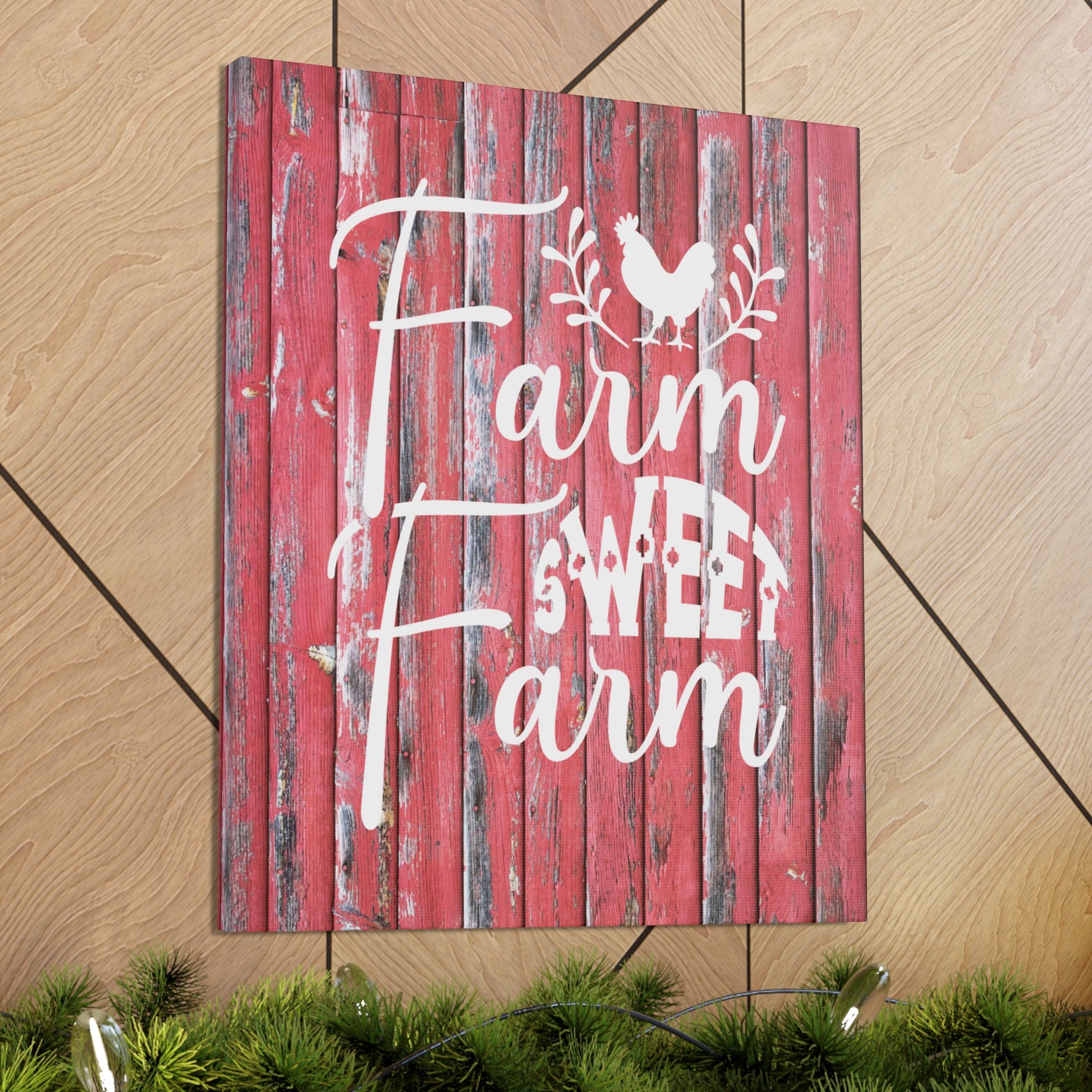 Rustic farmhouse modern wall art with white farm font text
