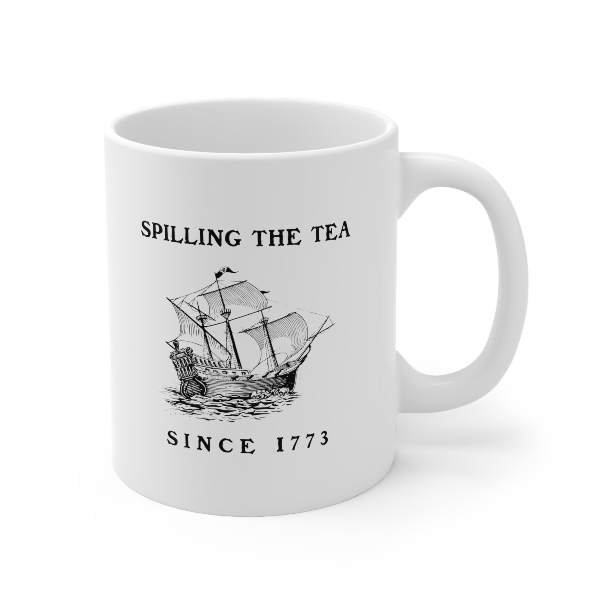 Playful white ceramic mug celebrating the Boston Tea Party