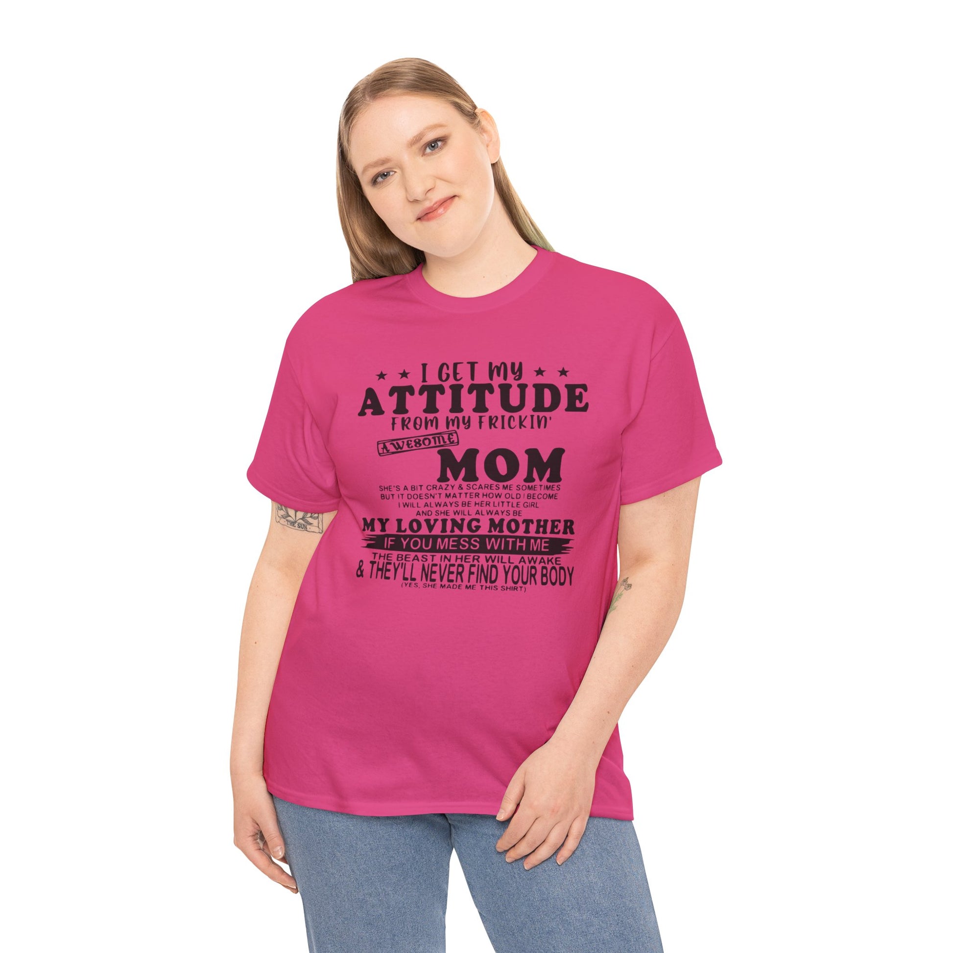 Premium quality cotton tee with "My Frickin Awesome Mom" design, perfect for casual wear.