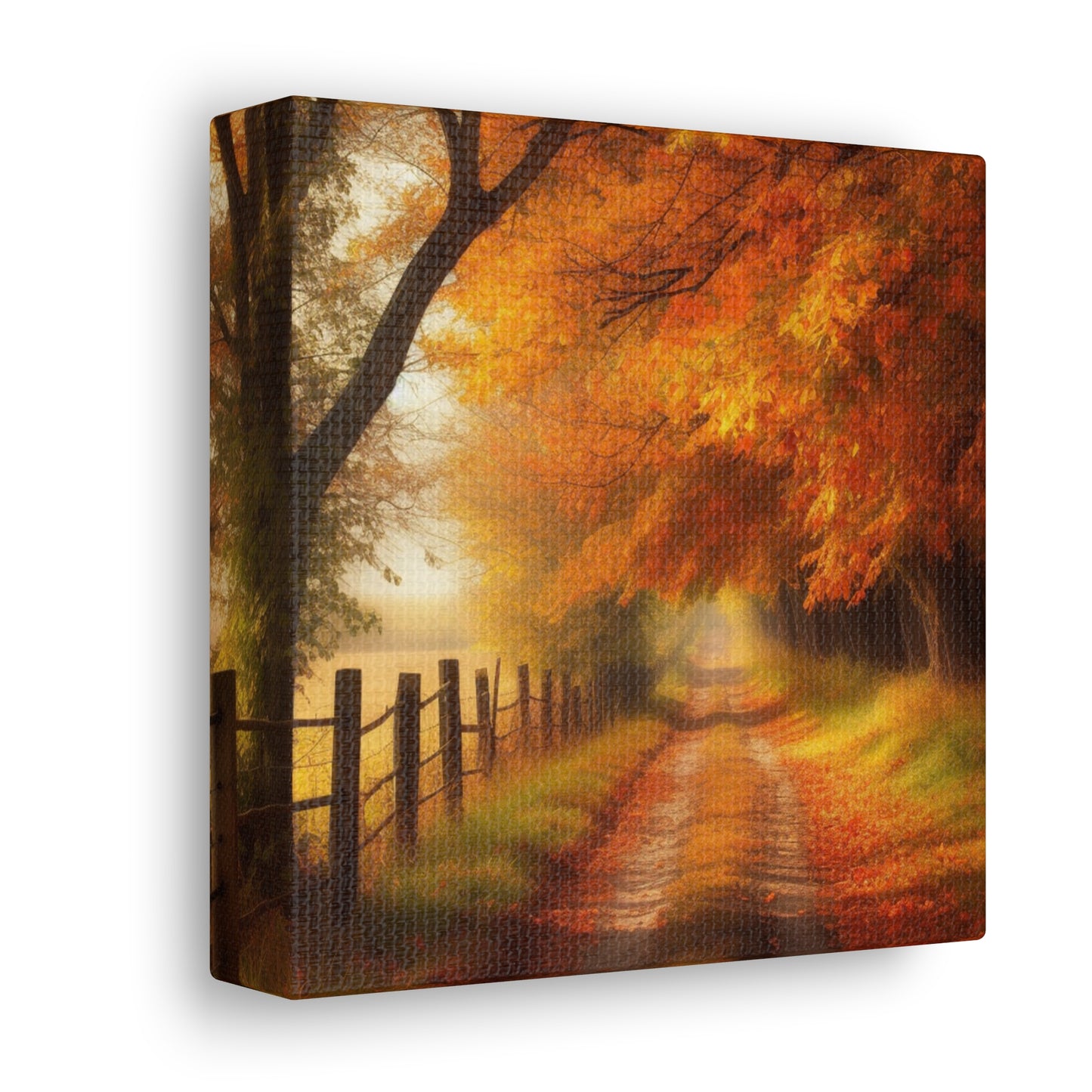Canvas wall art with autumn leaves and a rustic dirt road design
