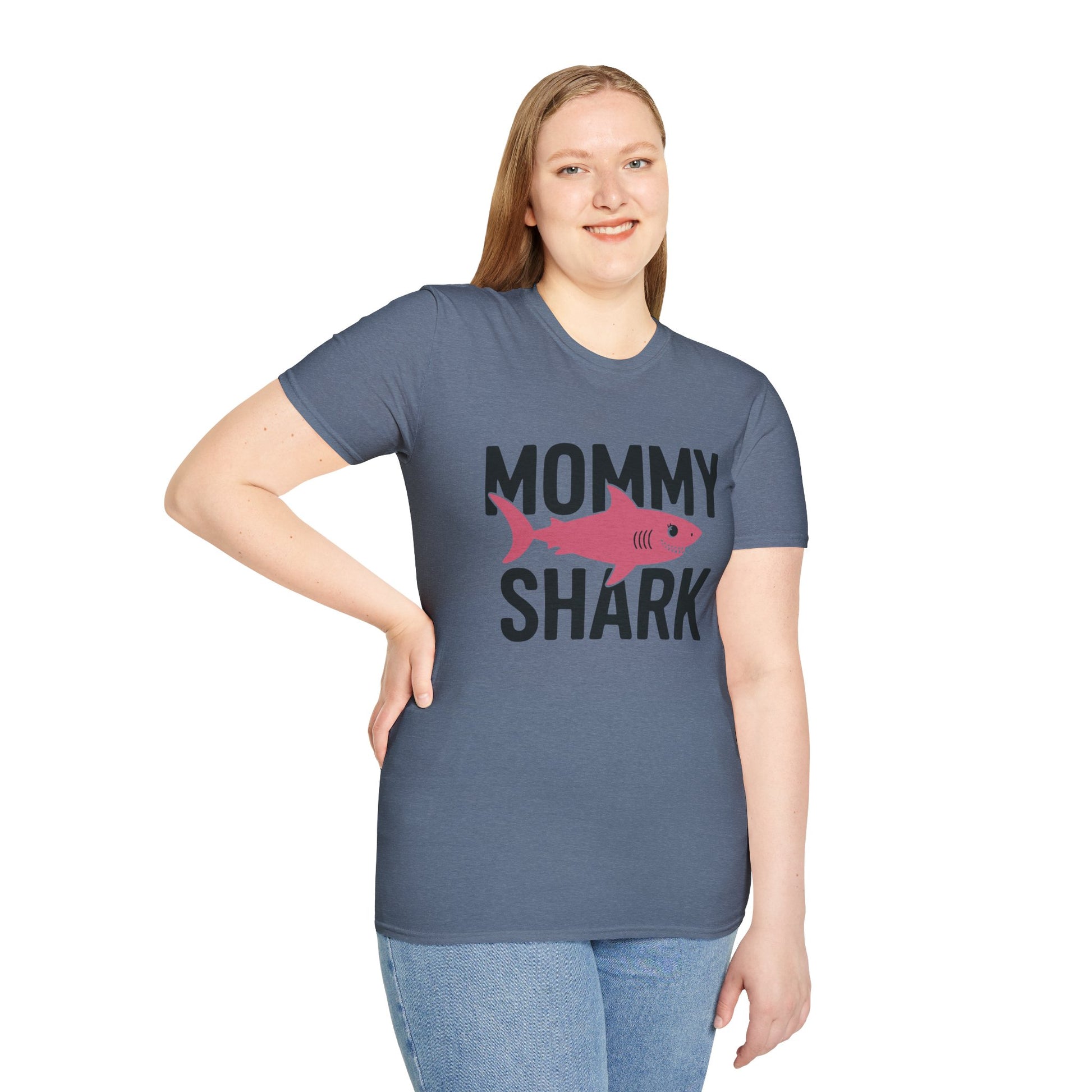 Woman wearing a blue t-shirt with 'Mommy Shark' text and graphic on a white background
