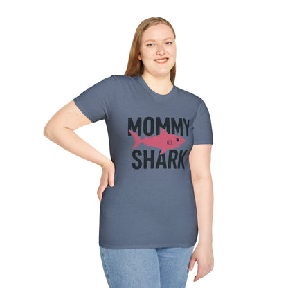 Woman wearing a blue t-shirt with 'Mommy Shark' text and graphic on a white background