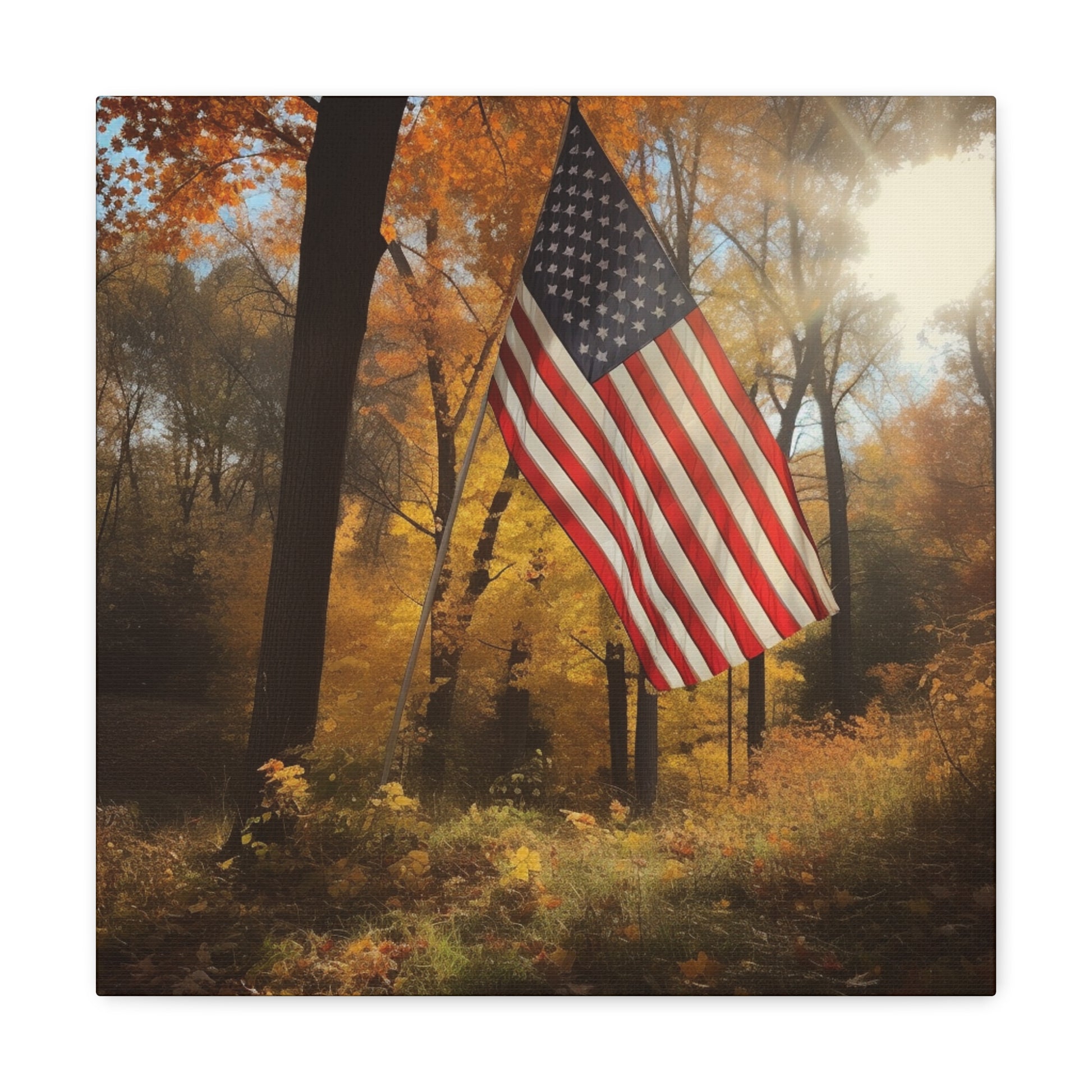 Patriotic canvas wall art for home with fall-themed nature scene.
