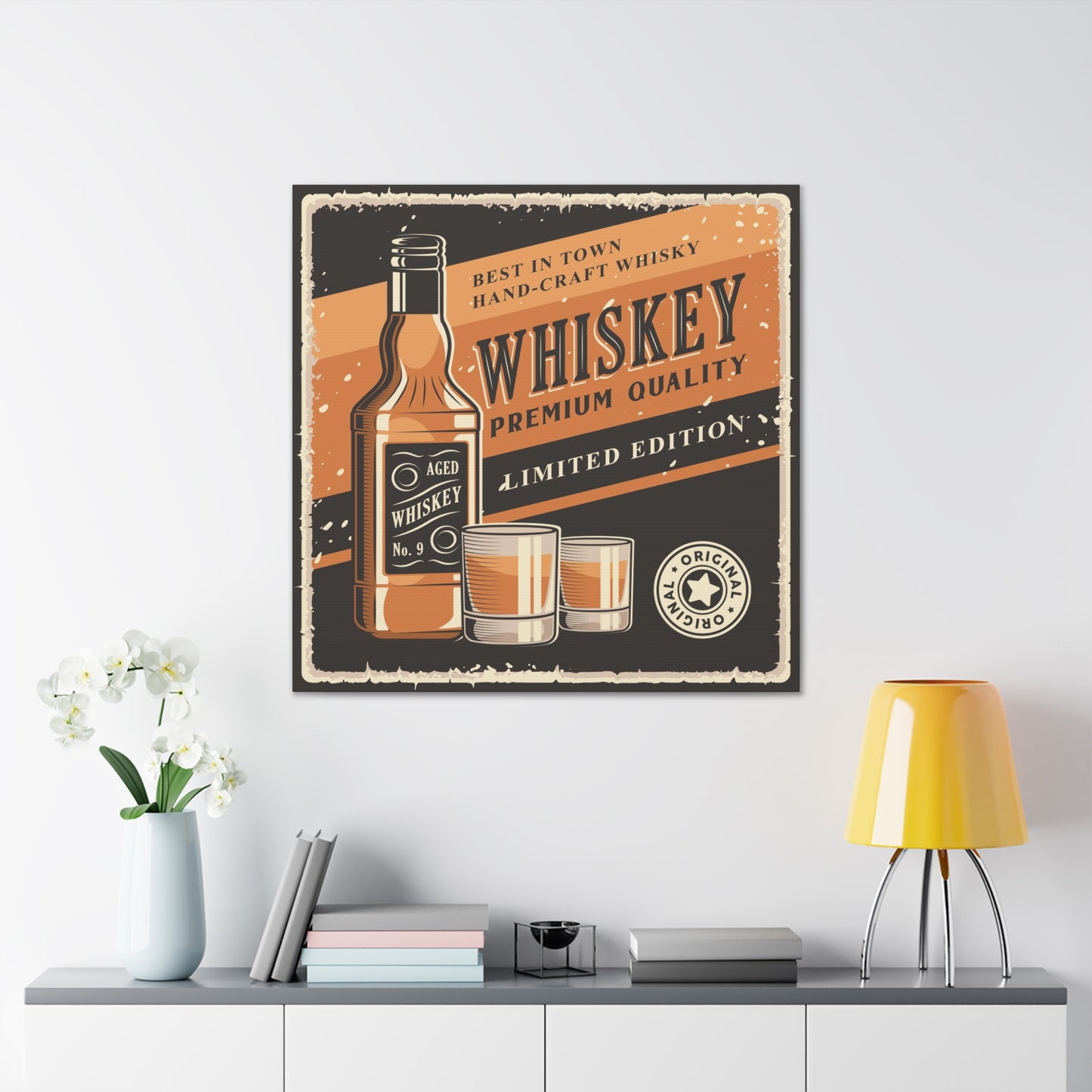 Bar art canvas featuring a vintage whiskey bottle illustration
