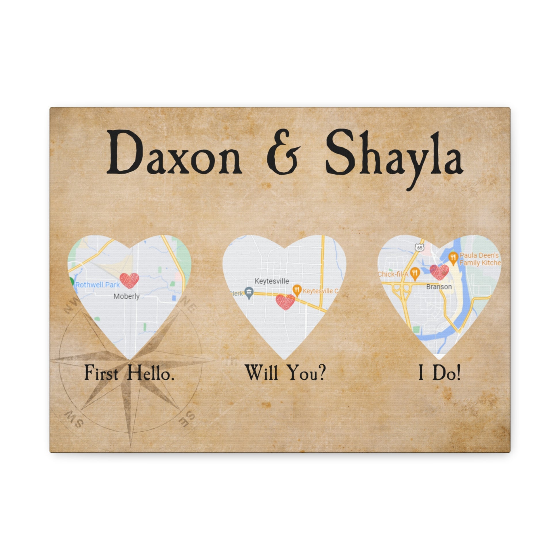 Romantic wall art for couples with heart-shaped map cutouts.
