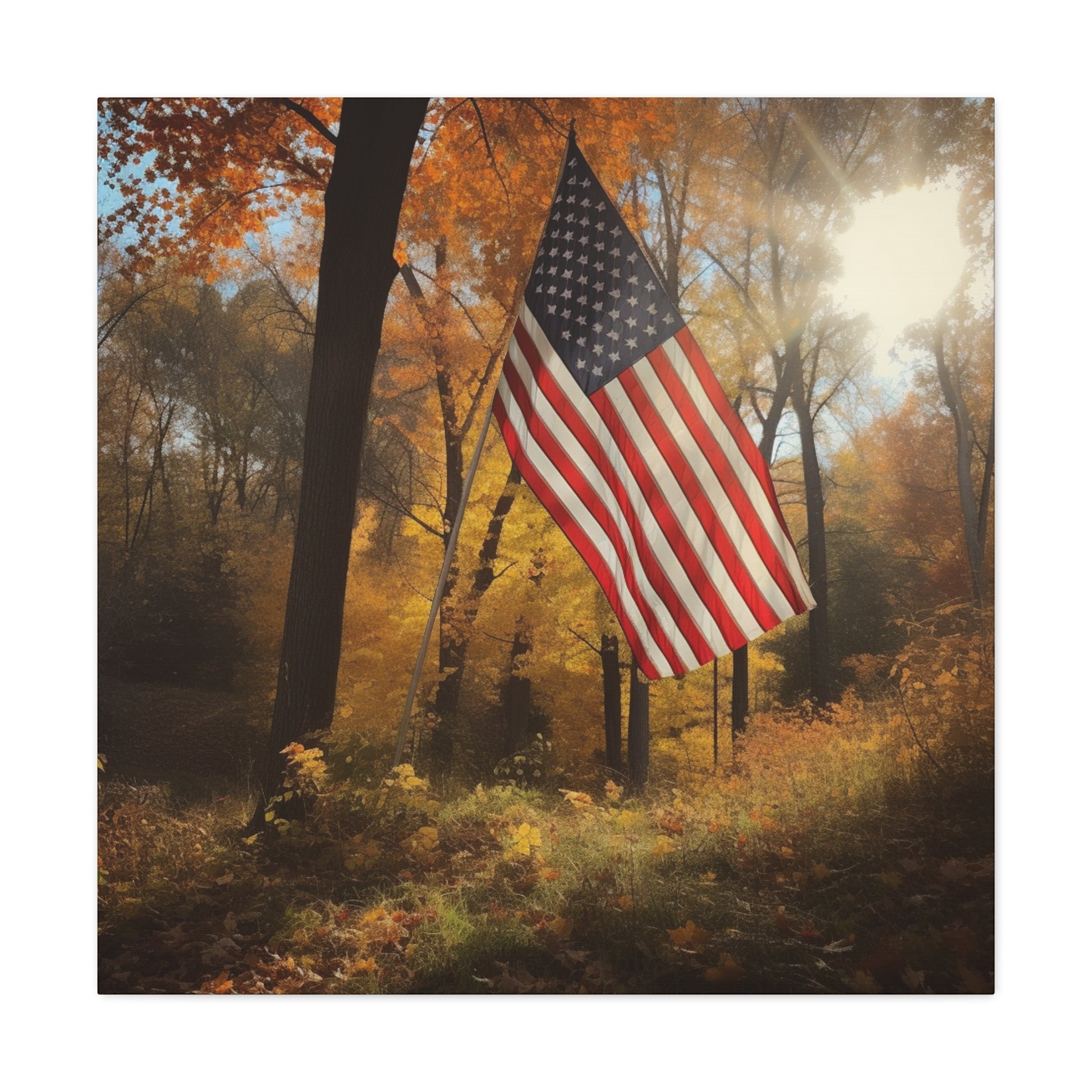 American flag wall art blending patriotism and serene woodland views.
