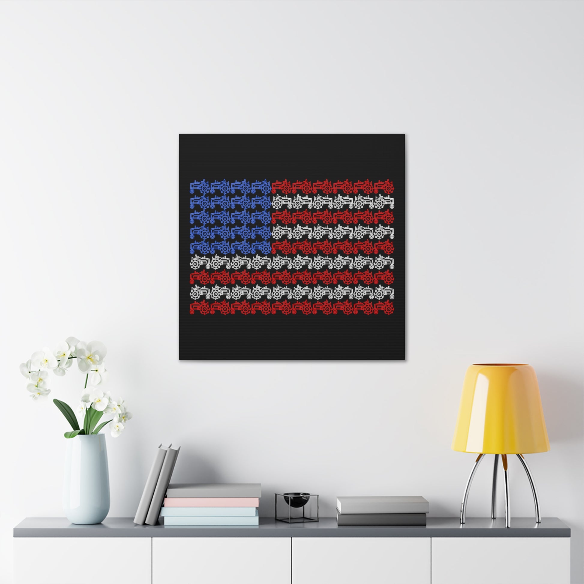 Bold black background canvas with tractor-themed American flag

