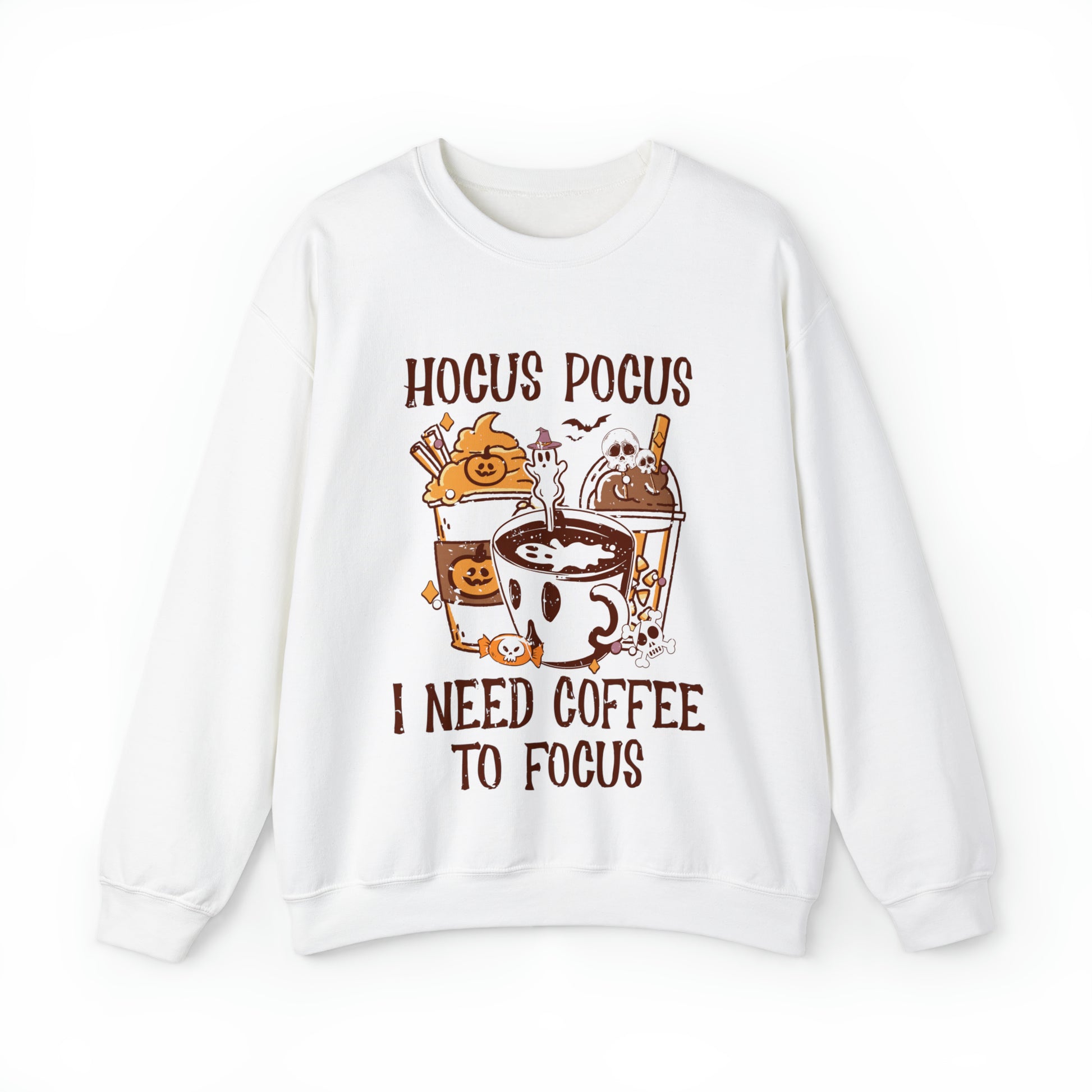 Novelty coffee sweatshirt with Halloween and fall graphics
