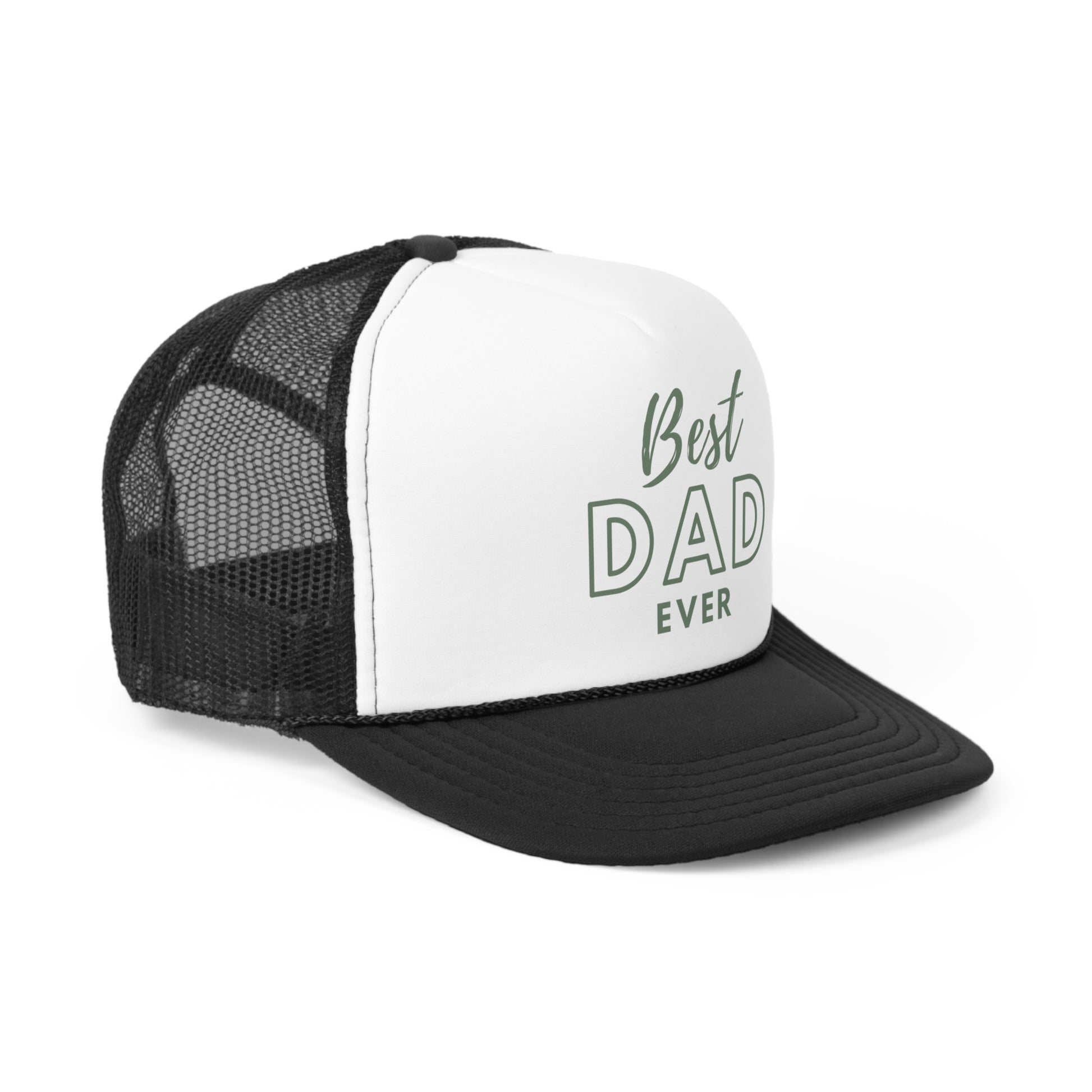 Black and white men’s Best Dad Ever hat with reinforced stitching.
