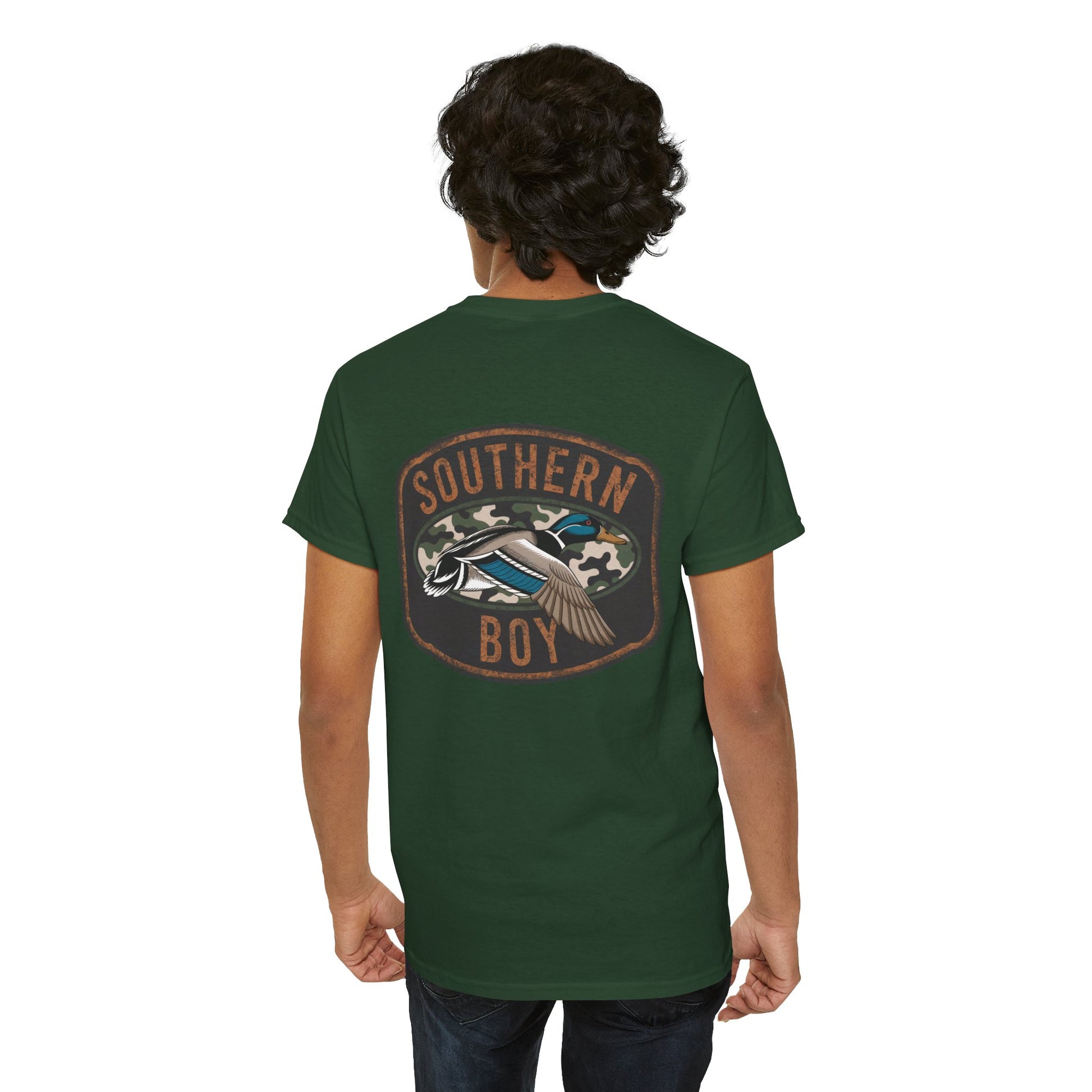 Person wearing a green t-shirt with 'Southern Boy' graphic on the back