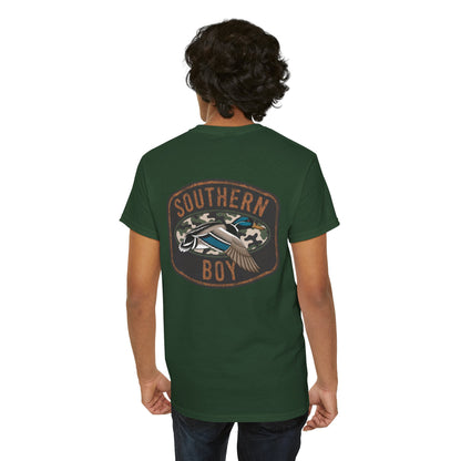 Person wearing a green t-shirt with 'Southern Boy' graphic on the back