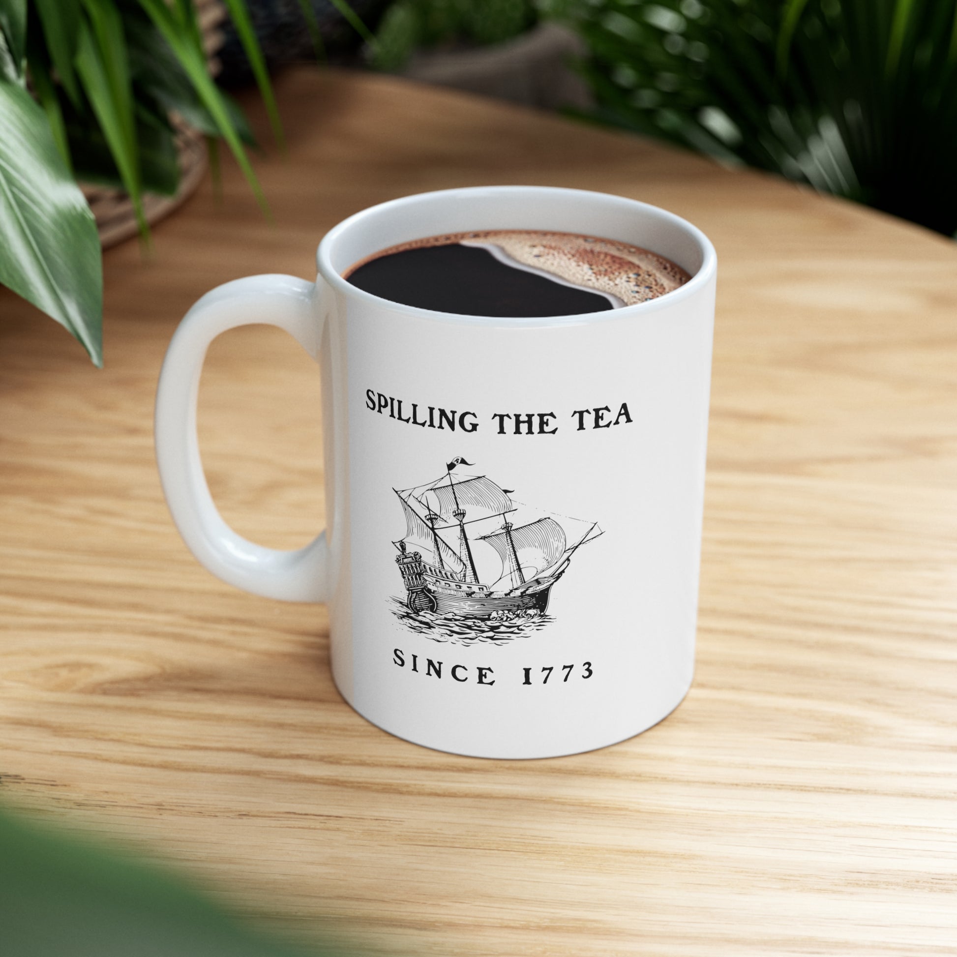 Clever Boston Tea Party pun on a high-quality coffee mug