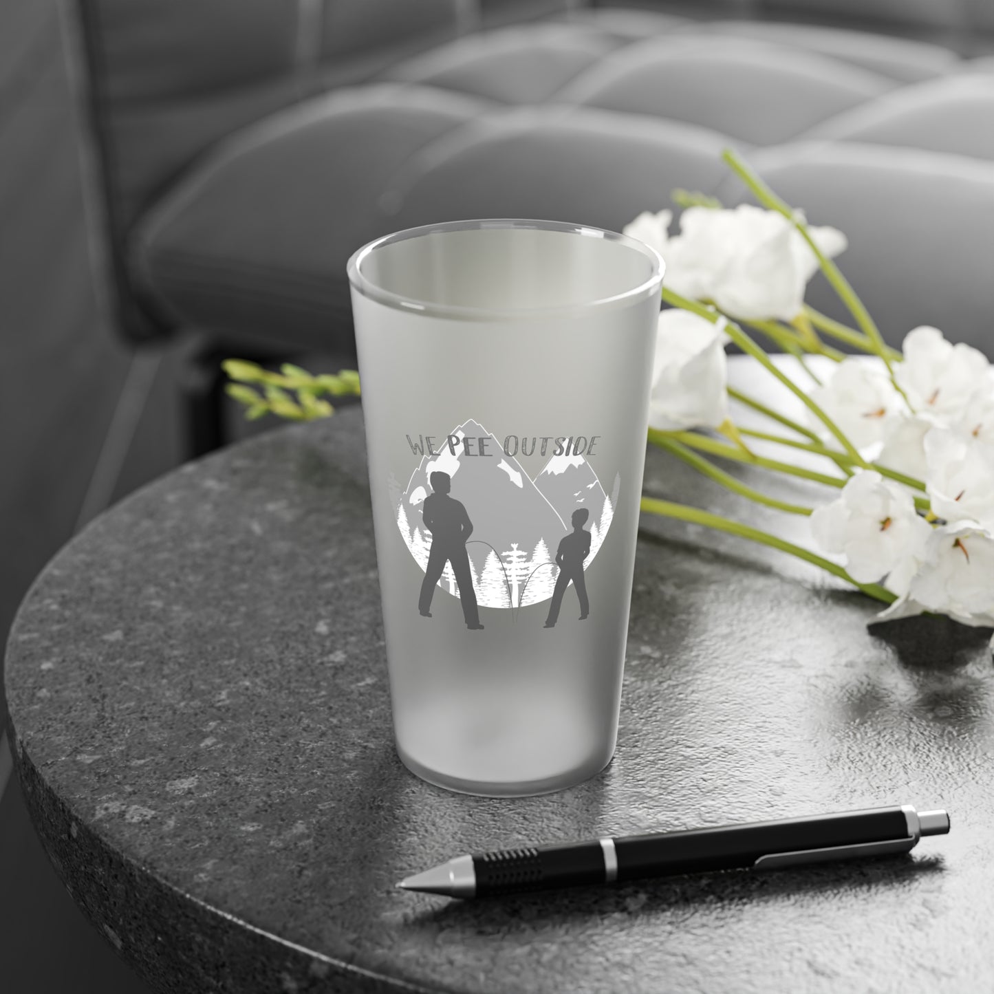 Frosted dad pint glass with father and son outdoor design
