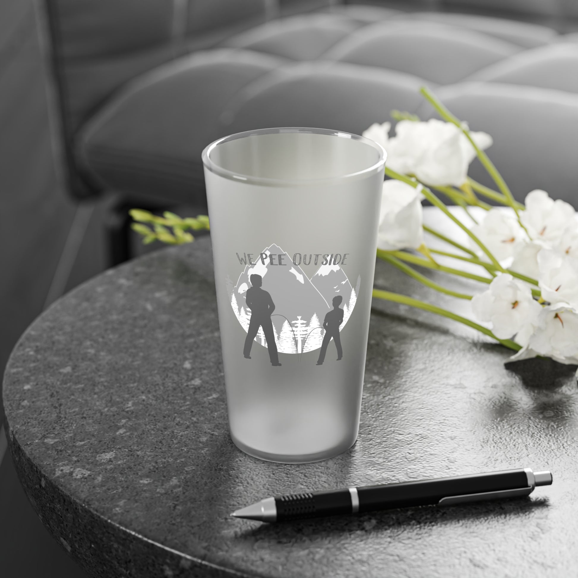 Frosted dad pint glass with father and son outdoor design
