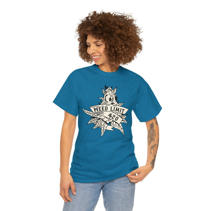 Woman wearing "Weed Limit 4/20" T-shirt at a festival.
