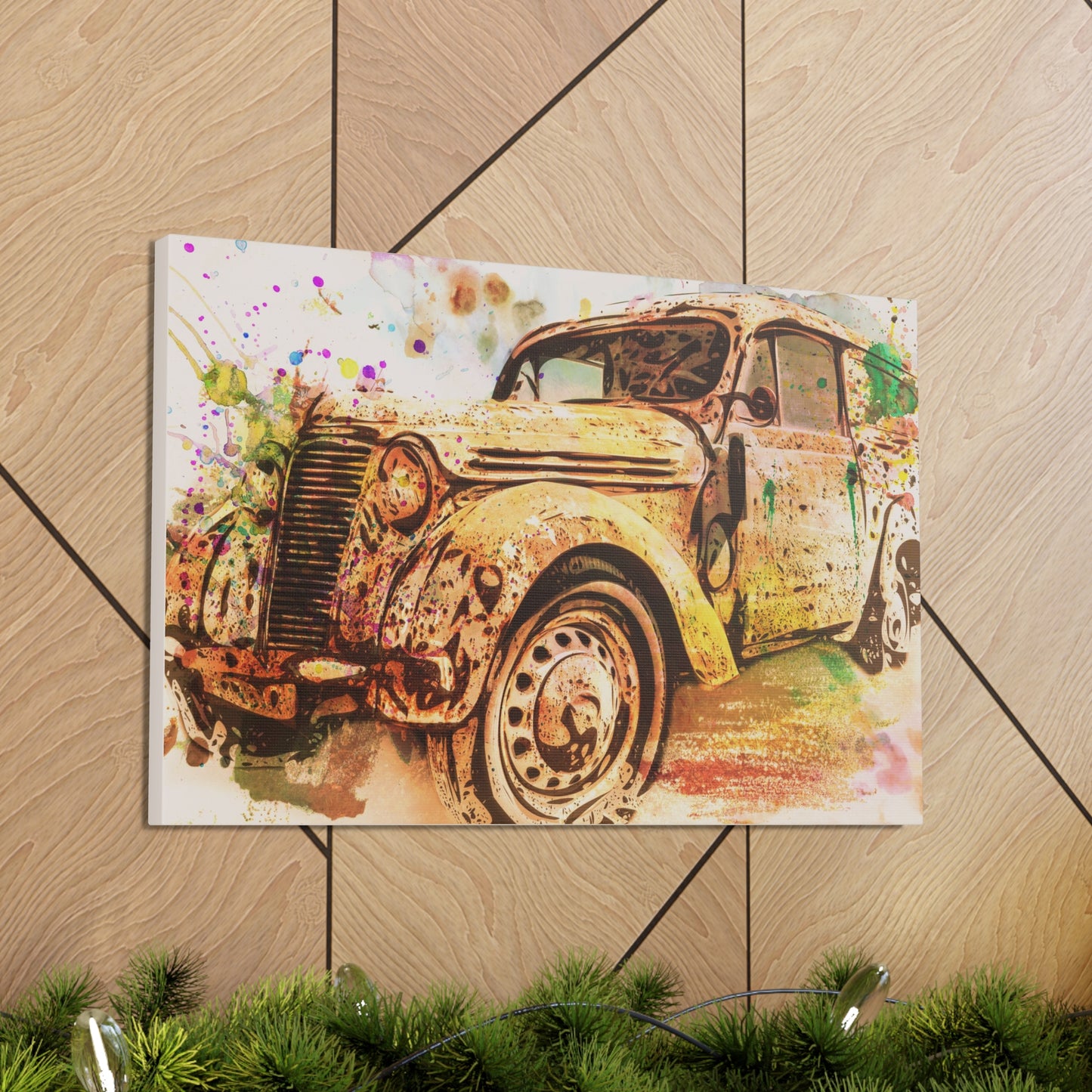 Watercolor vintage car canvas with paint splatter accents

